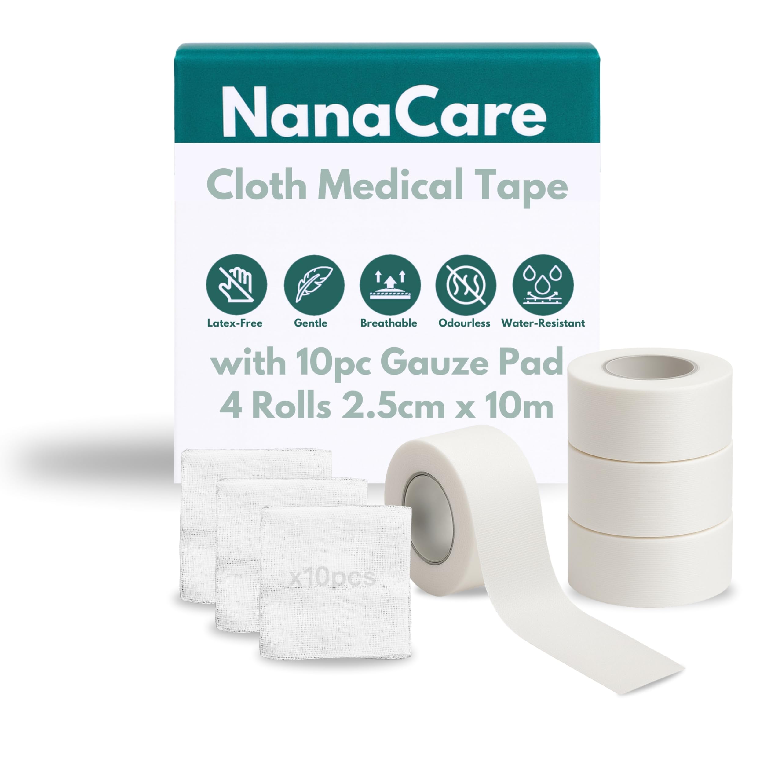 NanaCare Cloth Medical Tape Waterproof, 4 Rolls x 1 inch + 10pc Gauze Pads | Hypoallergenic Surgical Tape For Wound Care, Dressings & Face, First Aid