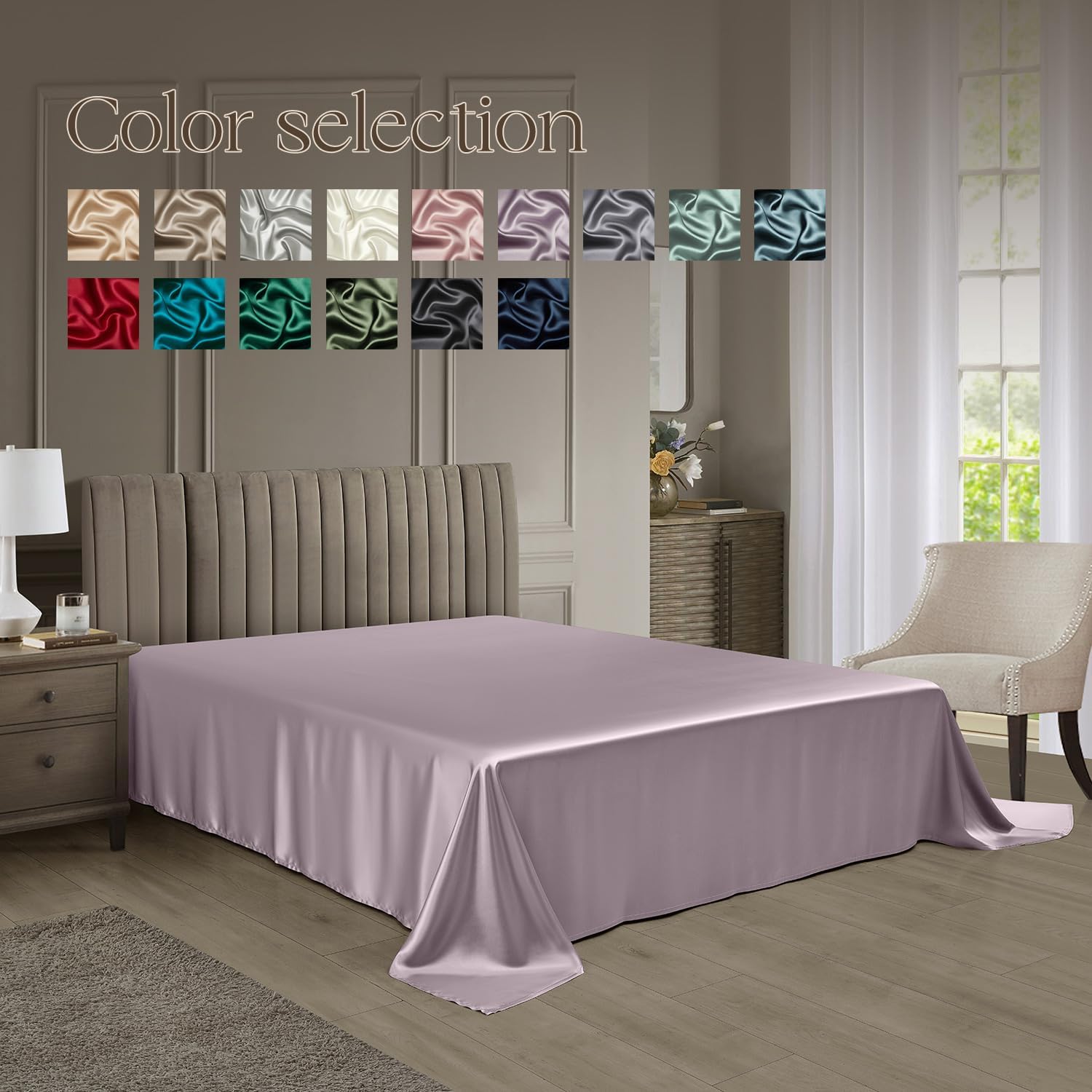 DISANGNI 100% Mulberry Silk Flat Sheet - 22 Momme, Natural 6A Grade, Luxurious and Smooth, Hypoallergenic, Breathable, Skin-Friendly (Light Purple, Queen)