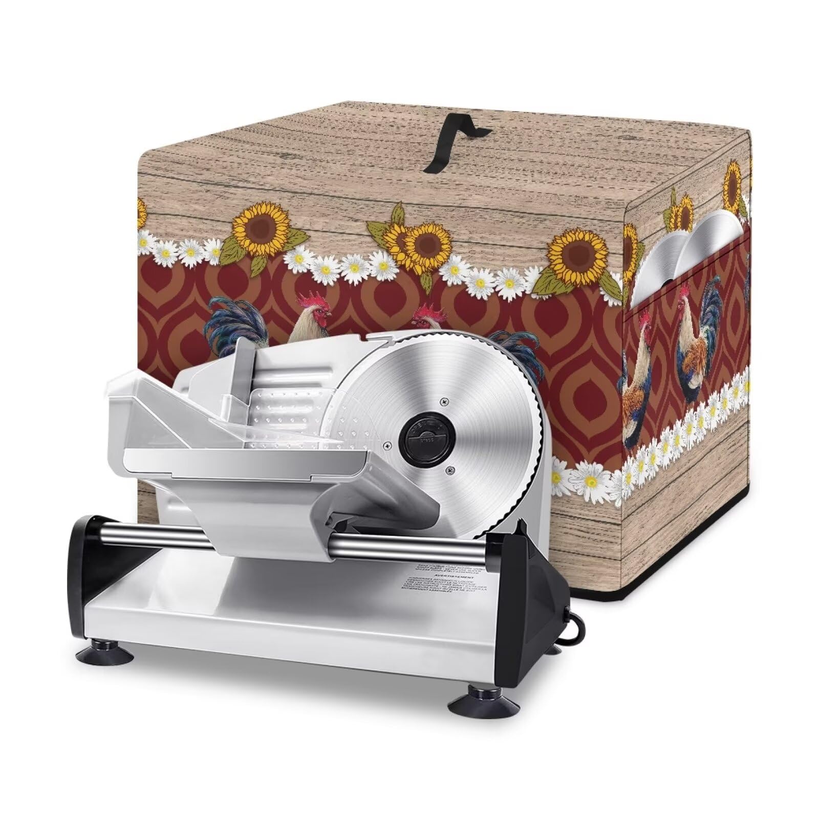 NETILGEN Meat Slicer Cover Large Deli Food Slicer Machine Dust Cover Waterproof Dust-Proof Durable Cheese Bread Cutter Cover Case for Home Kitchen Decoration, Rooster Sunflower Wood Grain