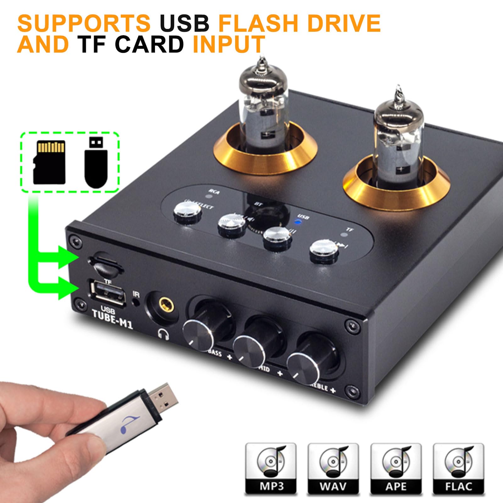 KEhtu Mini preamplificatore Stereo a valvole 5.0, Lettore USB, valvola a Vuoto 6K4 di Livello audiofilo, con Design Plug-in, Supporta l'ingresso per chiavetta USB e Scheda TF