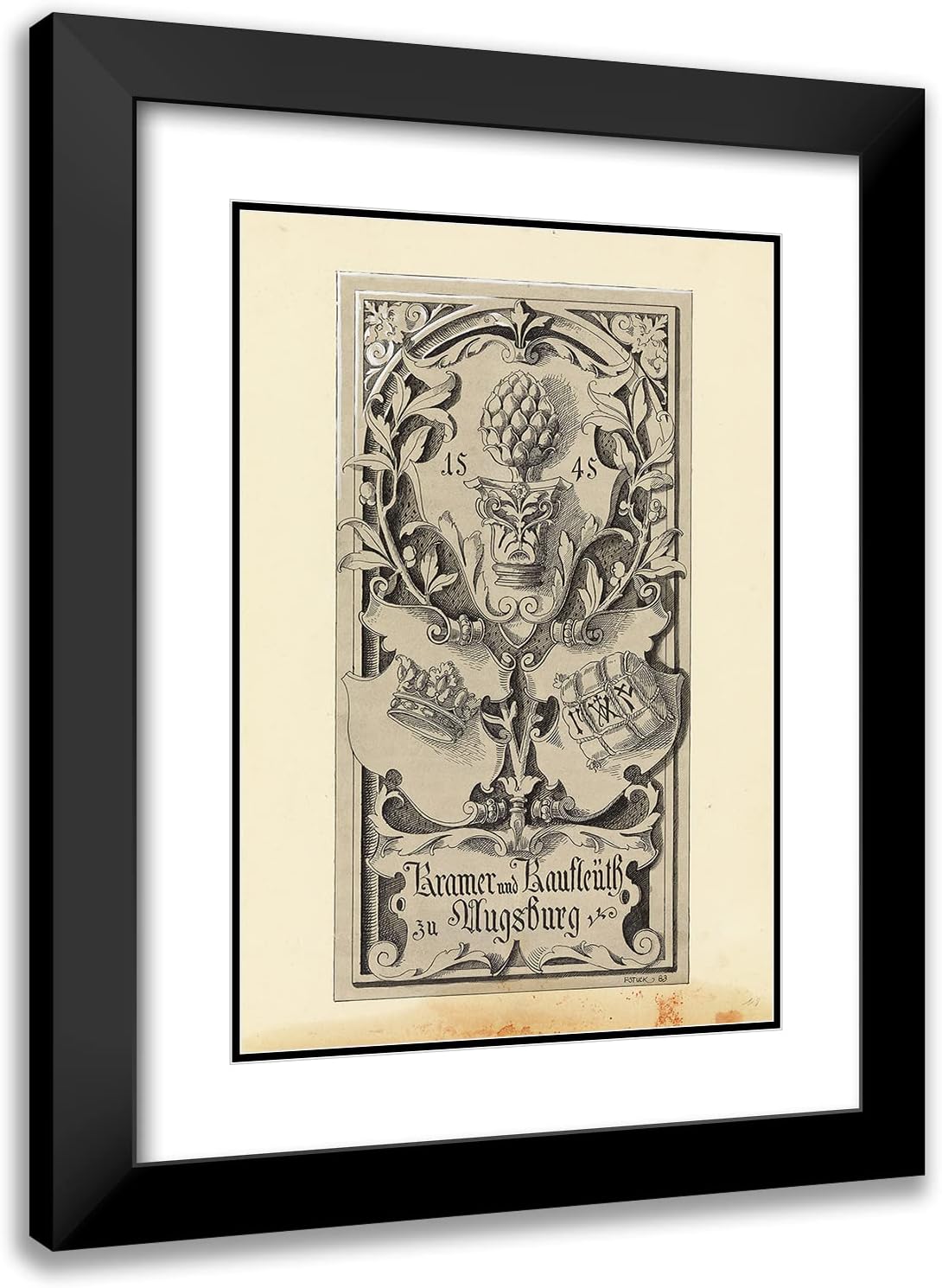 Franz von Stuck 14x18 Black Modern Frame and Double Matted Museum Art Print Titled - Kramer and Kaufleuth Zu Augsburg, Template Drawing for 'Allegories and Emblems' (1883)