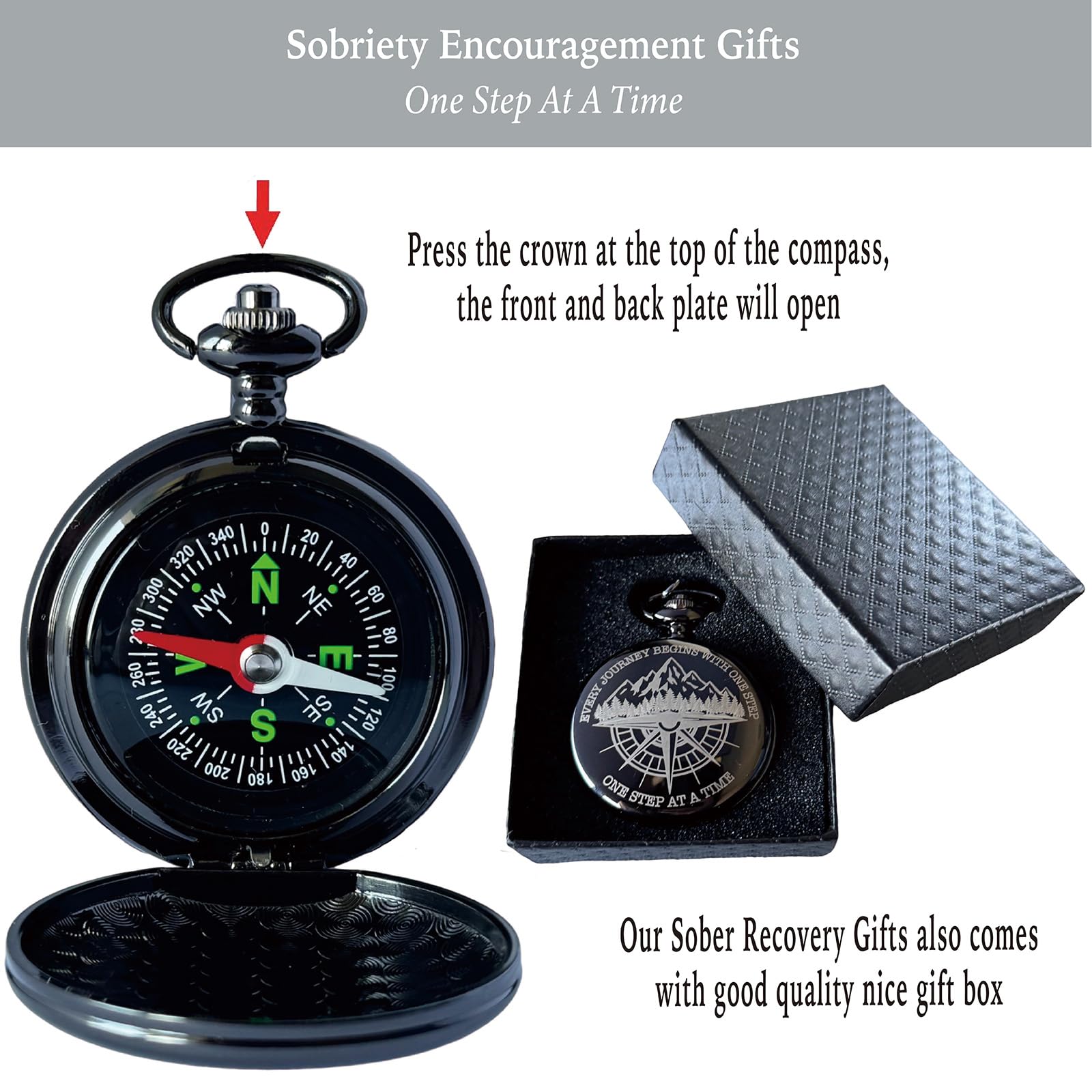 Sobriety Gifts Men, One Step at A Time Gifts Pocket Compass Black, Sobriety Pocket Token, Alcoholics Anonymous Gift, Inspirational Recovery Gift for Men from Addiction, Sober Gifts for Him Husband