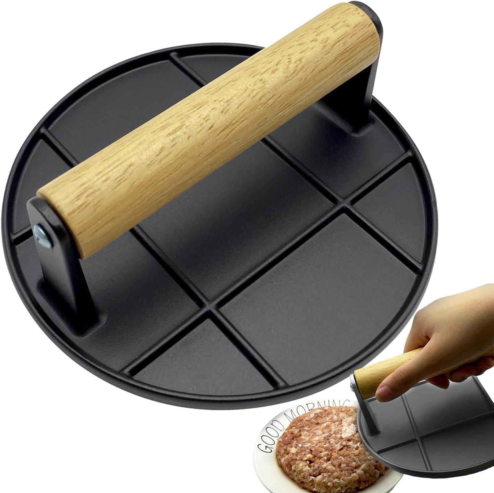 Küchenutensilien: Hamburgerpresse, runde Crêpes-Backform mit flachem Boden und rutschfesten Griffen, robuste Crêpes- und Hamburgerpresse, runde Fleischpresse,Silber,Round