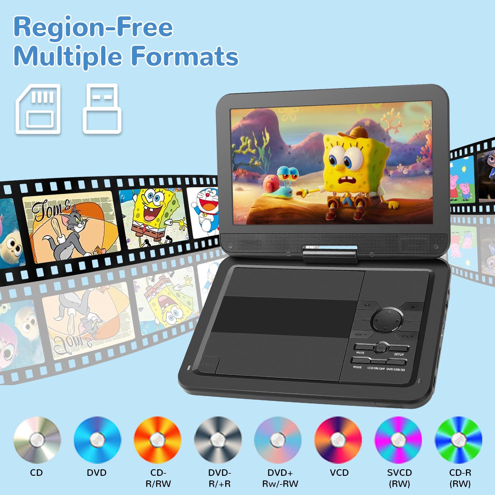 Lettore DVD portatile da 12,5 pollici con schermo girevole HD da 10,1", 5-6 ore di riproduzione, lettore DVD portatile con doppio altoparlante, supporto SYNC TV/USB/SD Card/AV, riproduce tutti