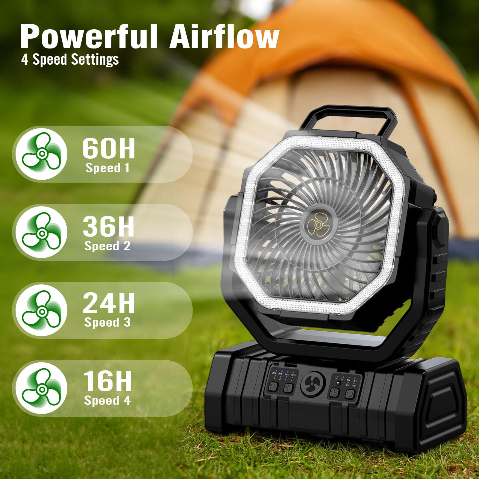 Richday Wentylator kempingowy z latarnią LED, 4 prędkości, cichy wentylator kempingowy, 20000 mAh, obrót o 270°, wentylator USB, wentylator stołowy