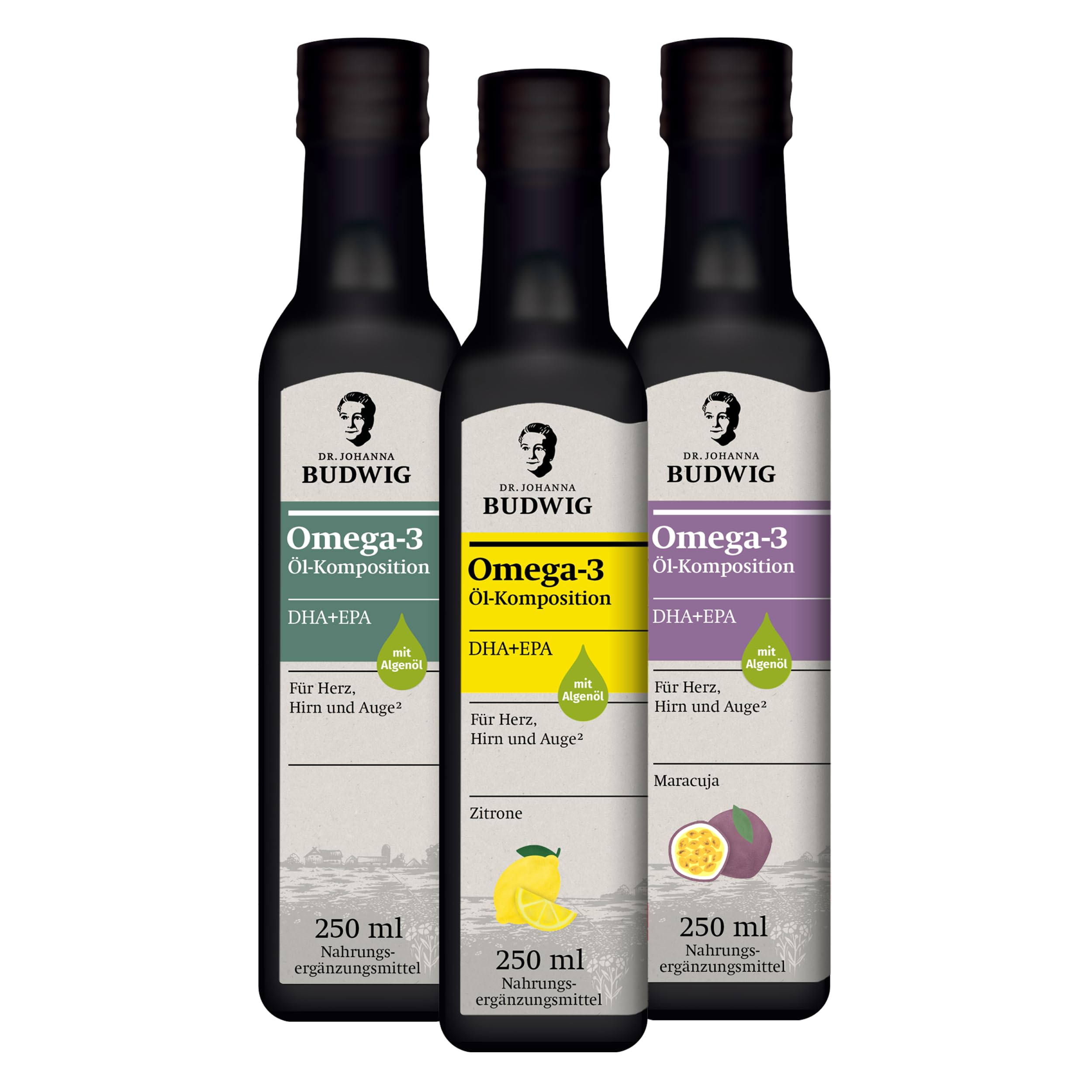Dr. Budwig DHA+EPA Geschmacksmix Pur, Zitrone & Maracuja (3x 250 ml) – pflanzliches Omega mit ALA – 97% Bio-Zutaten – 9,4 g Omega-3 pro Tagesportion – vegan