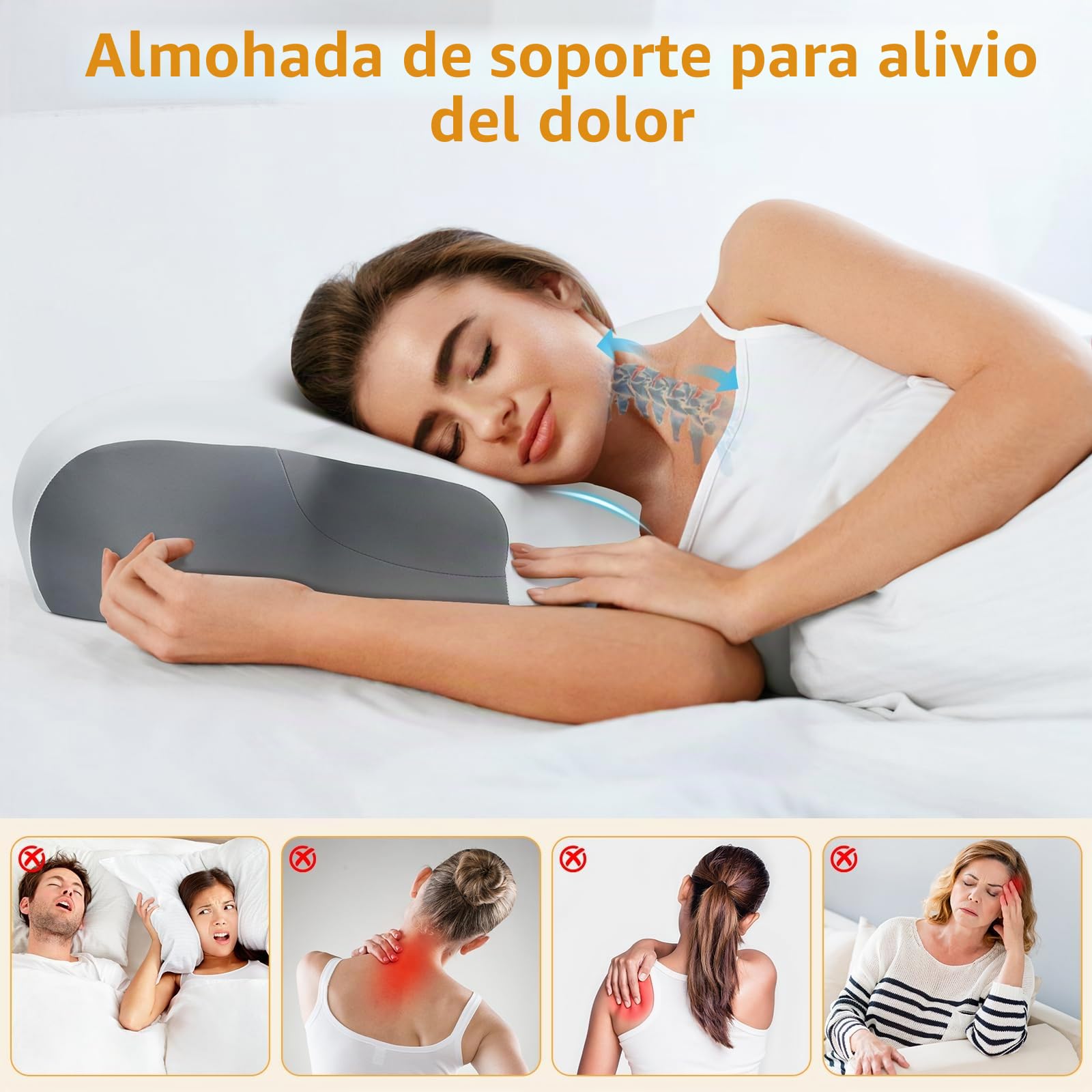 Euqvunn Almohada Viscoelastica para el Dolor de Cervicales y Cuello, Almohada Ergonómica para Dormir de Lado, Espalda, Estómago, Almohada Ortopédica, con Funda Lavable - 62× 36×8/12 cm