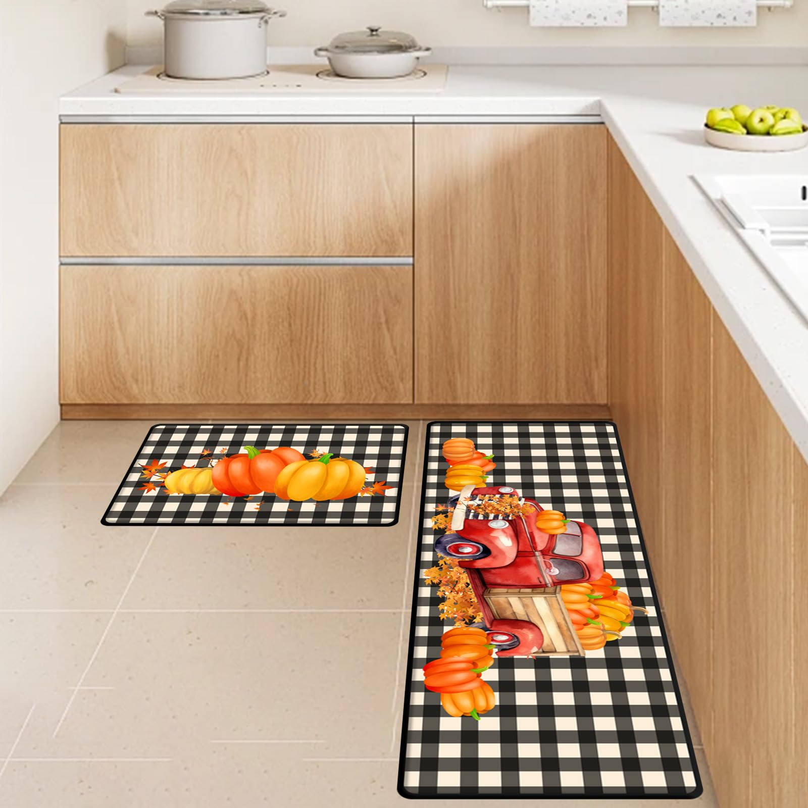 Tappeti e stuoie da cucina autunnali per il Ringraziamento, set di 2 decorazioni per pavimenti, tappetini da cucina autunnali con zucca per interni, tappeti autunnali per l'arredamento della casa