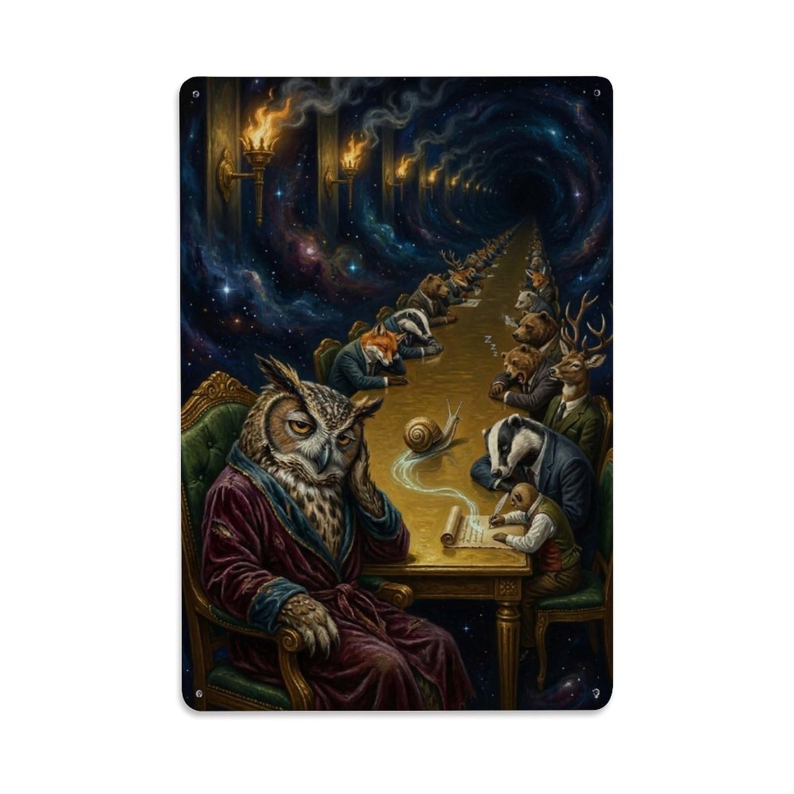 Owl Boardroom Meeting Dark Humor Surreal Vintage Animal Retro Metal Tin Sign Plaque Wall Decor for Cafe, Man Cave, Club Bar, Office, Home Garden Round Metal Poster 8x12Inch