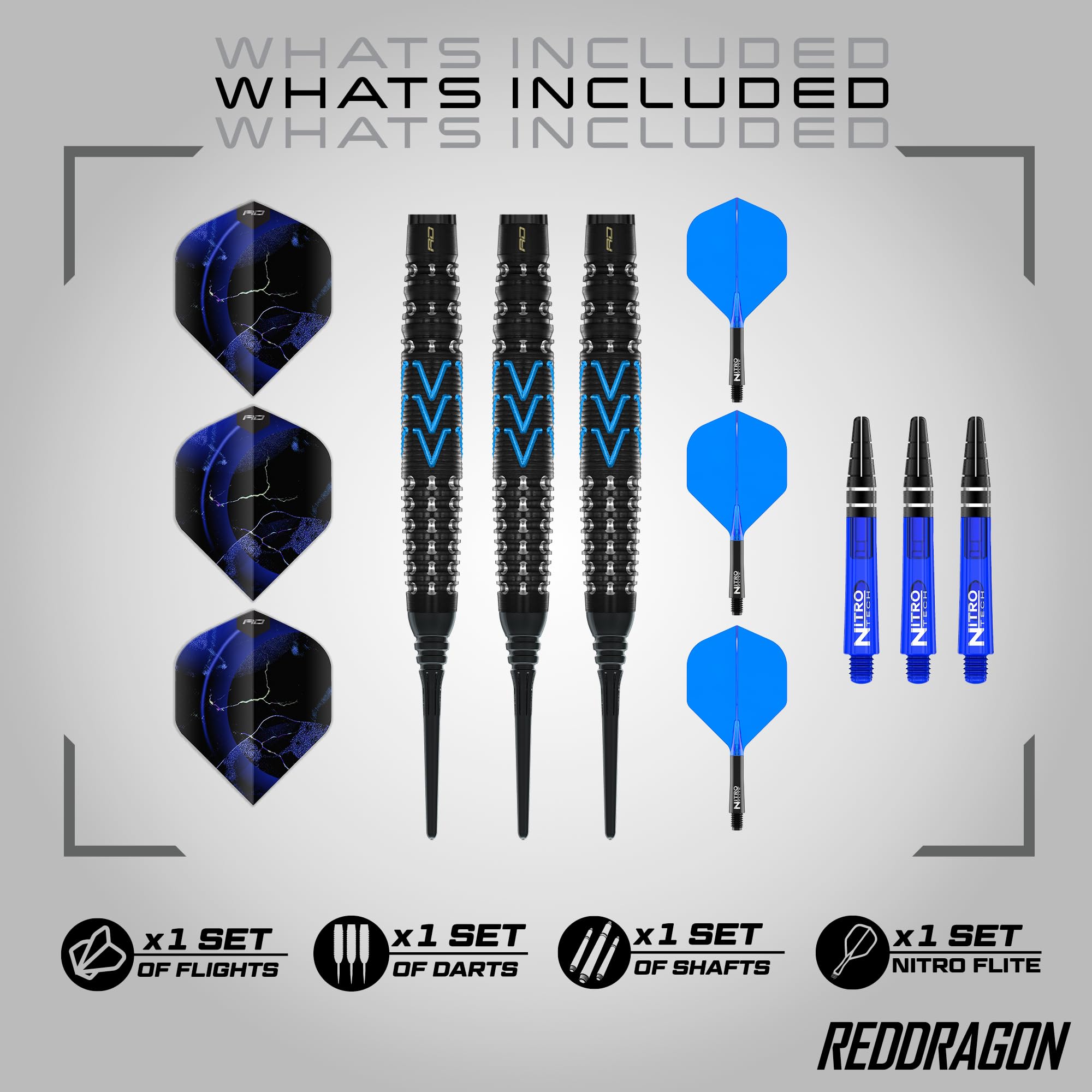 RED DRAGON Freccette – Serie AMP – 90% set di freccette professionali in tungsteno – Nitro Flite integrato ala/albero, alette e steli | Varietà di profili cilindrici | 18 g, 20 g, 21 g, 23 g, 24 g e