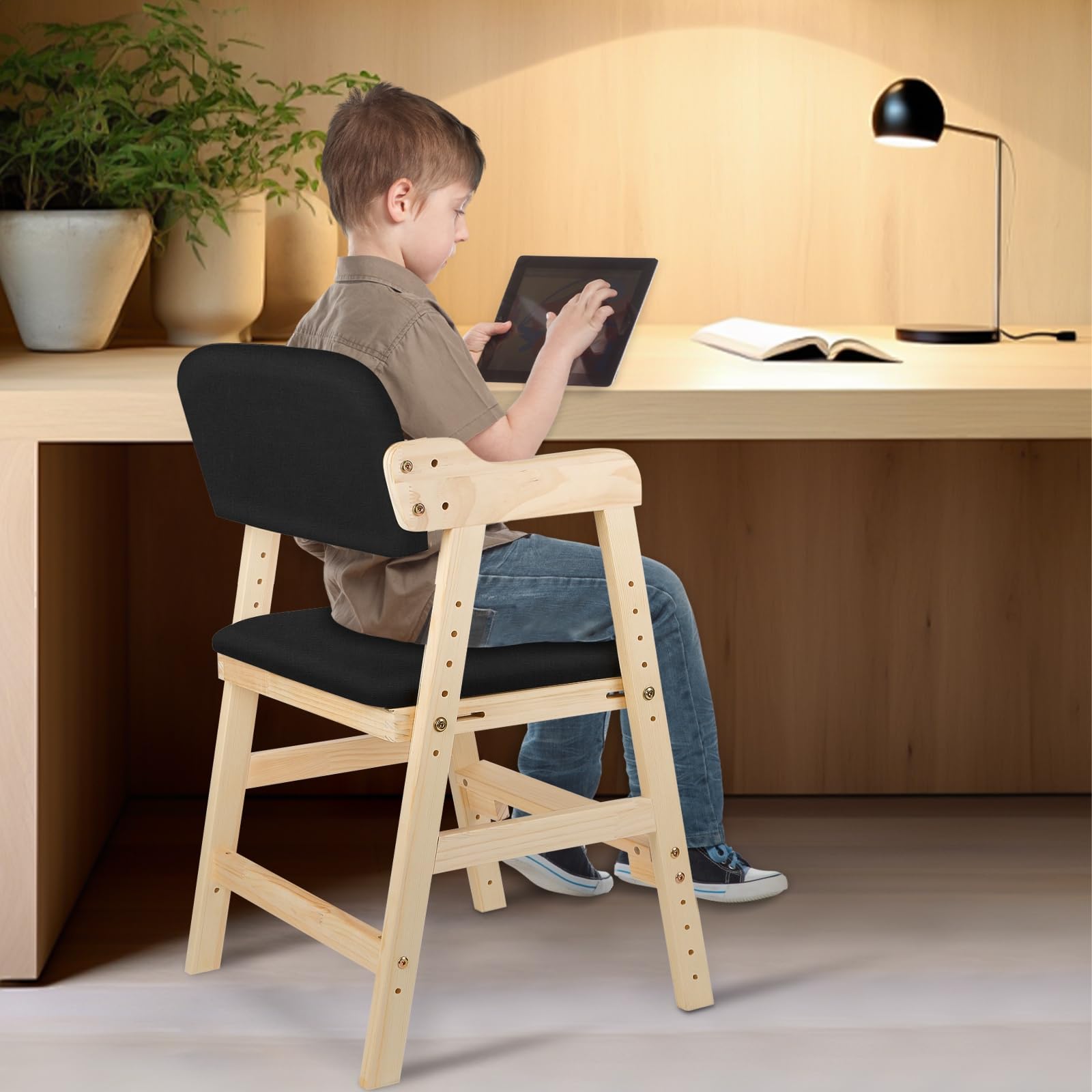 Chaise Haute Bébé en Bois, 6 Hauteurs Réglables Stable Chaise Supporte 90KG pour Enfants et Adultes, Chaise Haute Evolutive avec Coussin d'Assise, Assise et Repose-pieds Réglables (Noir)
