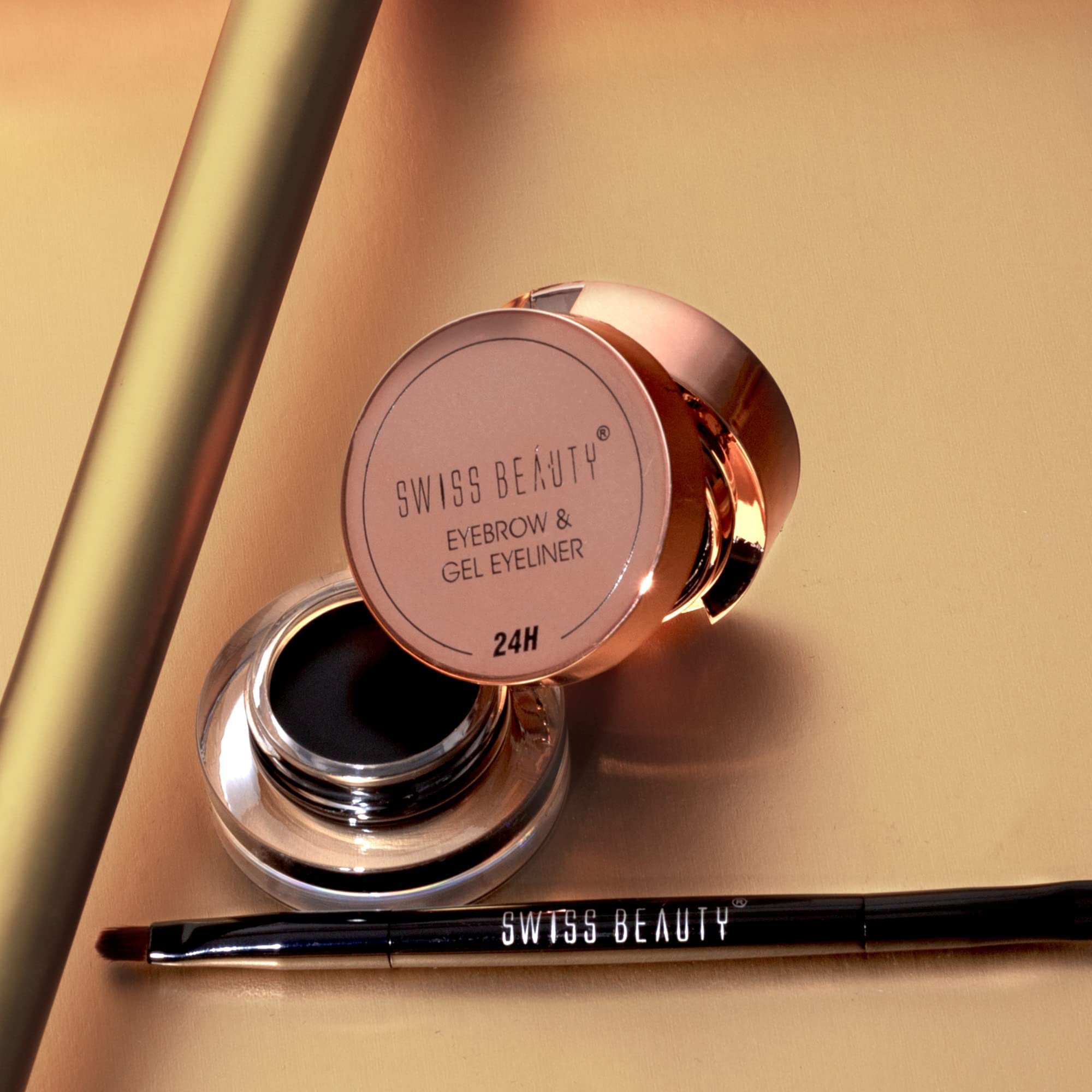 Swiss Beauty Waterproof Eyebrow & Gel Eyeliner 2 In 1 with Brush| Shade- Black, 7G | & Swiss Beauty Real MakeUp Base Hightlighting Primer|Shade - Golden-Tint, 32ml 2