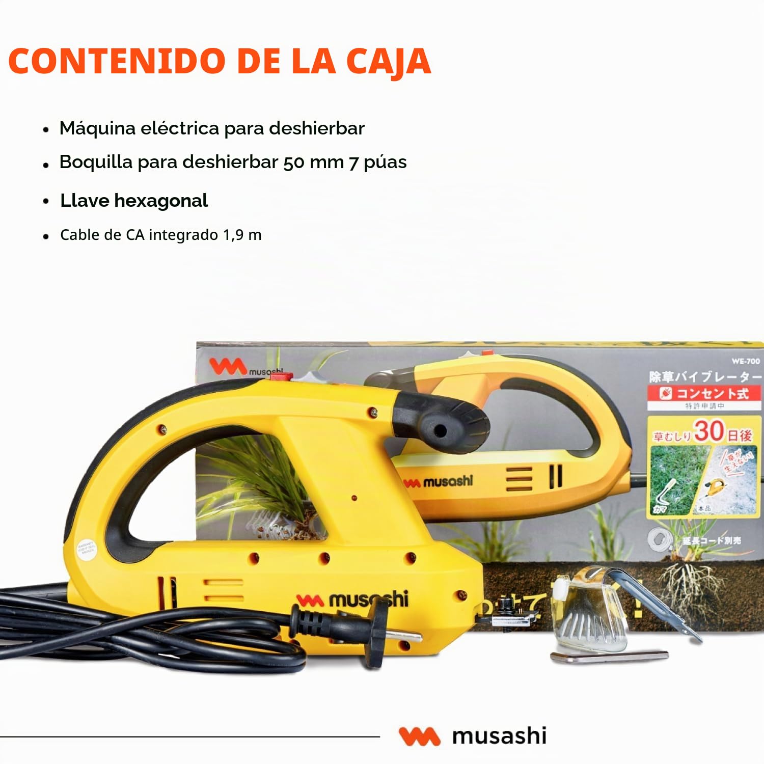 Musashi Azada para el Huerto Vibración WE-700EU / 750EU, Herramienta para Escardar, Quitar Malas Hierbas, Aflojar y Desherbar la Tierra, Mantenimiento de Césped y Caminos (Electro)