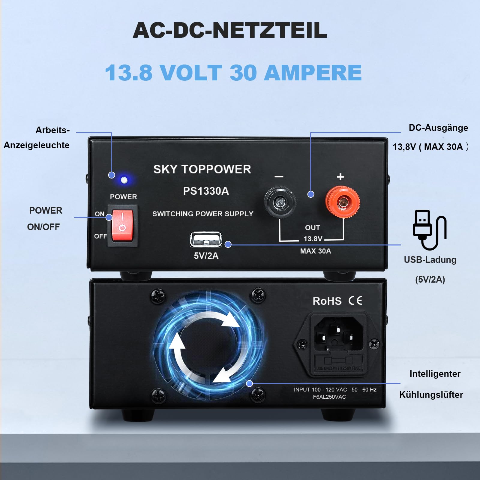 PS1330A Alimentation 13,8 V 30 A pour radio-amateurs, convertisseur AC/DC pour plaque de laboratoire, alimentation compacte régulée de laboratoire, interface USB 5 V 2 A