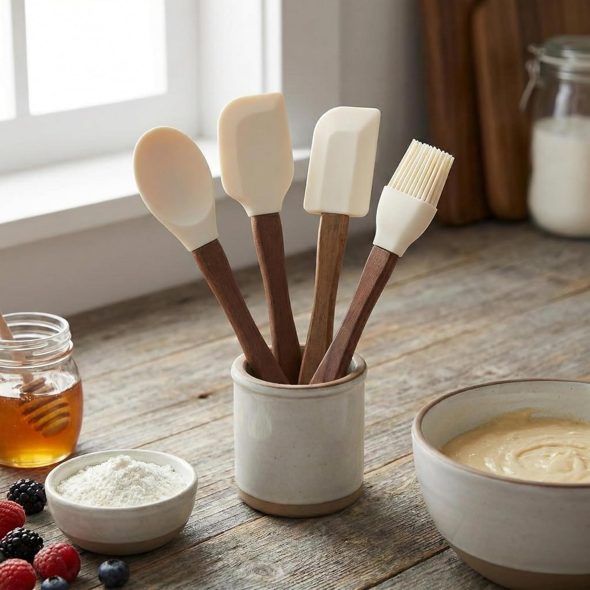 AmberHaus 4'lü Mini Akasya Ahşap Saplı Silikon Spatula Seti - 21 cm Kavanoz Sıyırma, Pasta Süsleme ve Yumurta Fırçası - Yanmaz Yapışmaz Krem Mutfak Seti