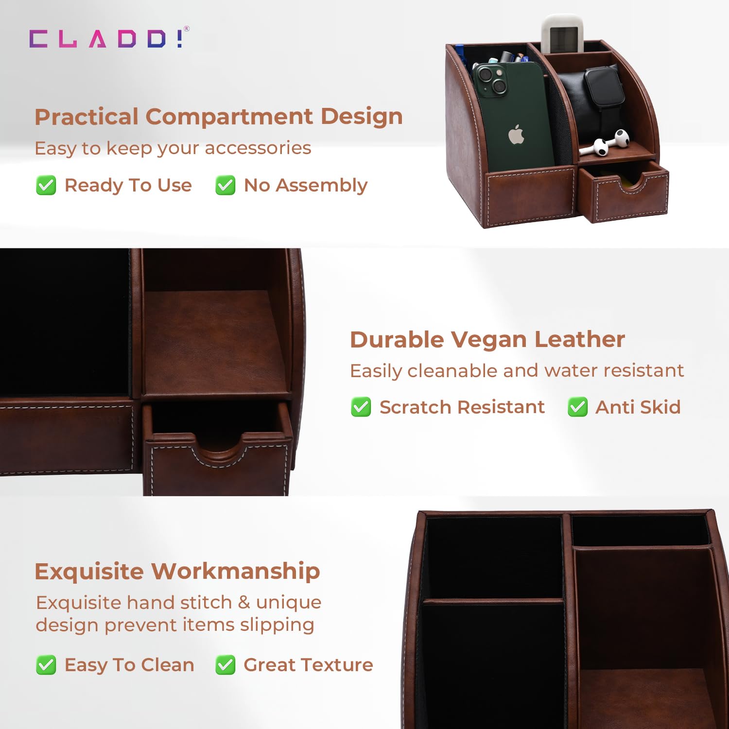 CLADD INTERNATIONAL Organizador de escritorio personal de cuero vegano | 4 compartimentos y cajón deslizante | Almacenamiento de accesorios de oficina | Organizador de mesa para bolígrafos, lápiz,