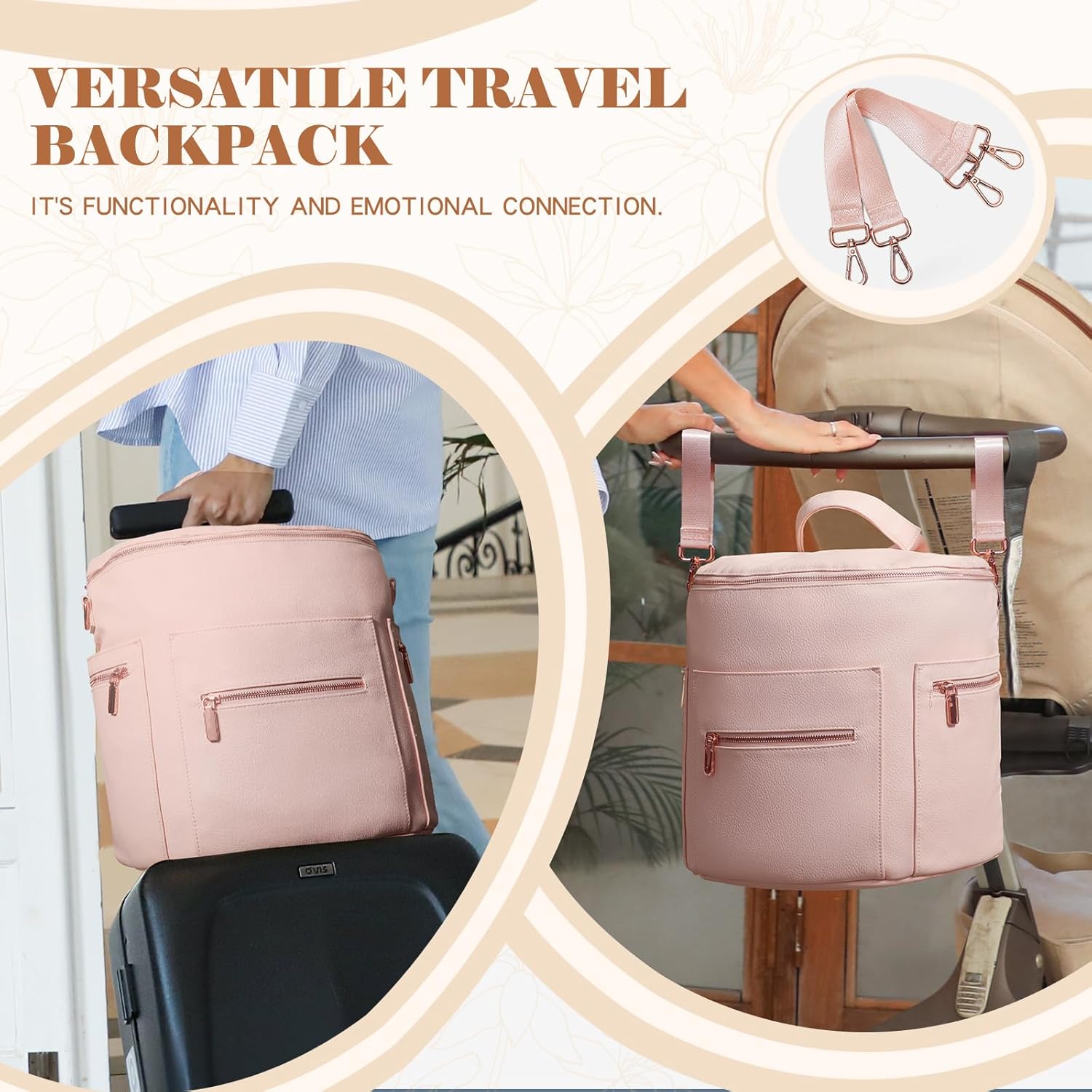 miss fong Pink Diaper Bag Backpack Baby Diaper Bag, Large Leather Diaper Backpack with 16 Pockets Travel Diaper Bag with Diaper Changing Pad,Pink Baby Backpack Stroller Straps & 2 Insulated Pockets Pink Rose image 4 of 7 B06Y491Y3Z