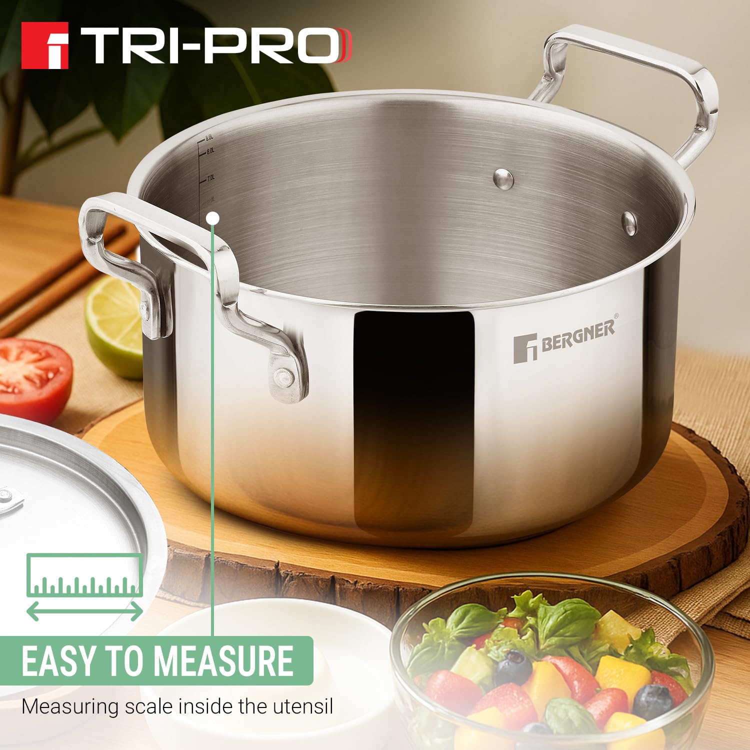 Bergner TriPro Triply Cook and Serve Casserole/Biryani Pot/Handi with Stainless Steel Lid, 28cm (8 litres), Consumes Less Oil, Healthy Cooking, Easy to Clean - Induction and Gas Stove Ready 2