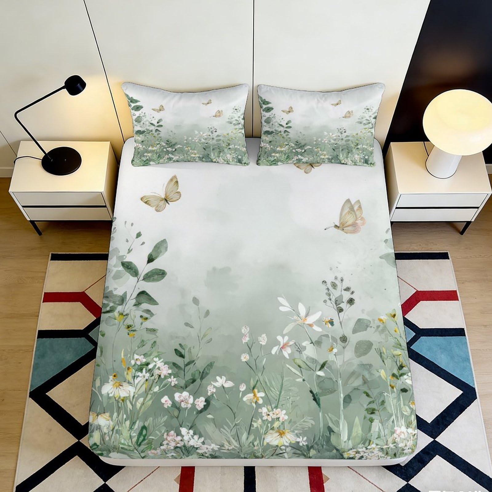3D Printed Botanical Meadow Fitted Sheet Microfiber Soft Floral Butterfly Bed Cover for Bedroom Guest Room Decor 90x200x25cm