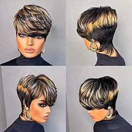 Yviann Short Layered Wavy Curly Wig with Bangs Brown Highlights Human Hair Pixie Cut Wig for Black Women Mixed Brown Color Daily Wear 1B/613/30