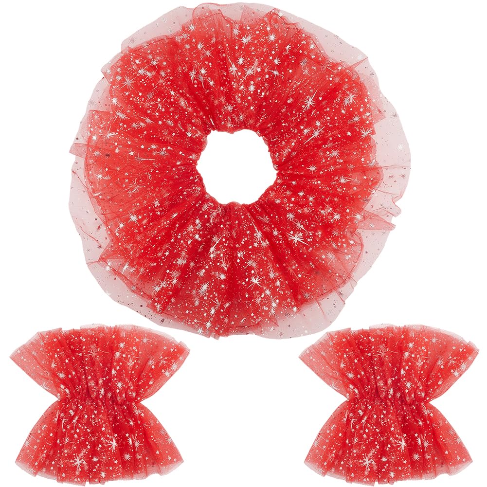 CABODYALS 3Pcs Neck Ruffle Collar Red Vintage Layered Renaissance Victorian Organza Ruffled Mesh Star Glitter Detachable Clown Collars with Cuffs Wrist for Women Costume Lolita Halloween Accessories