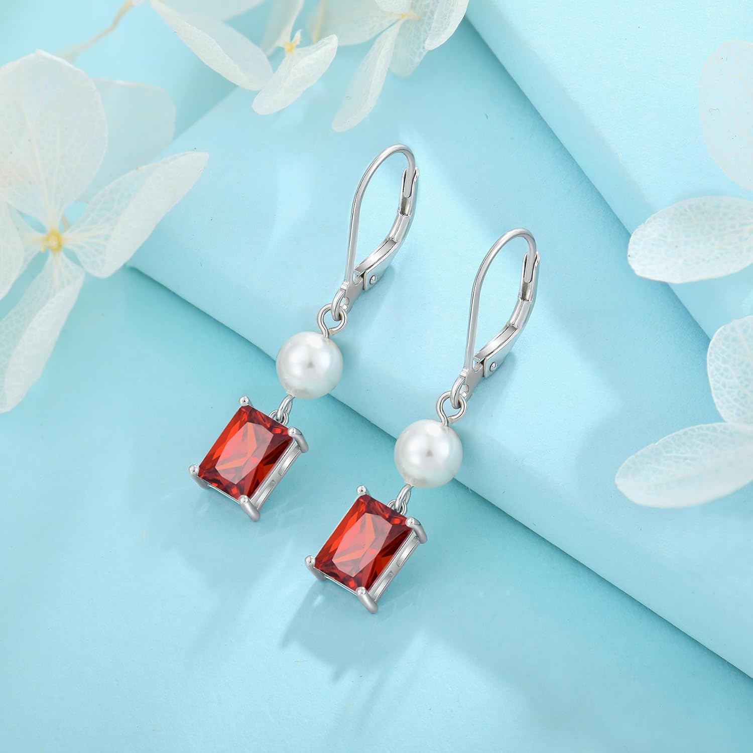 FJ Pearl Drop Earrings 925 Sterling Silver Emerald Cut Dangle Leverback Earrings Birthstone Jewelry Gifts for Women - Image 5
