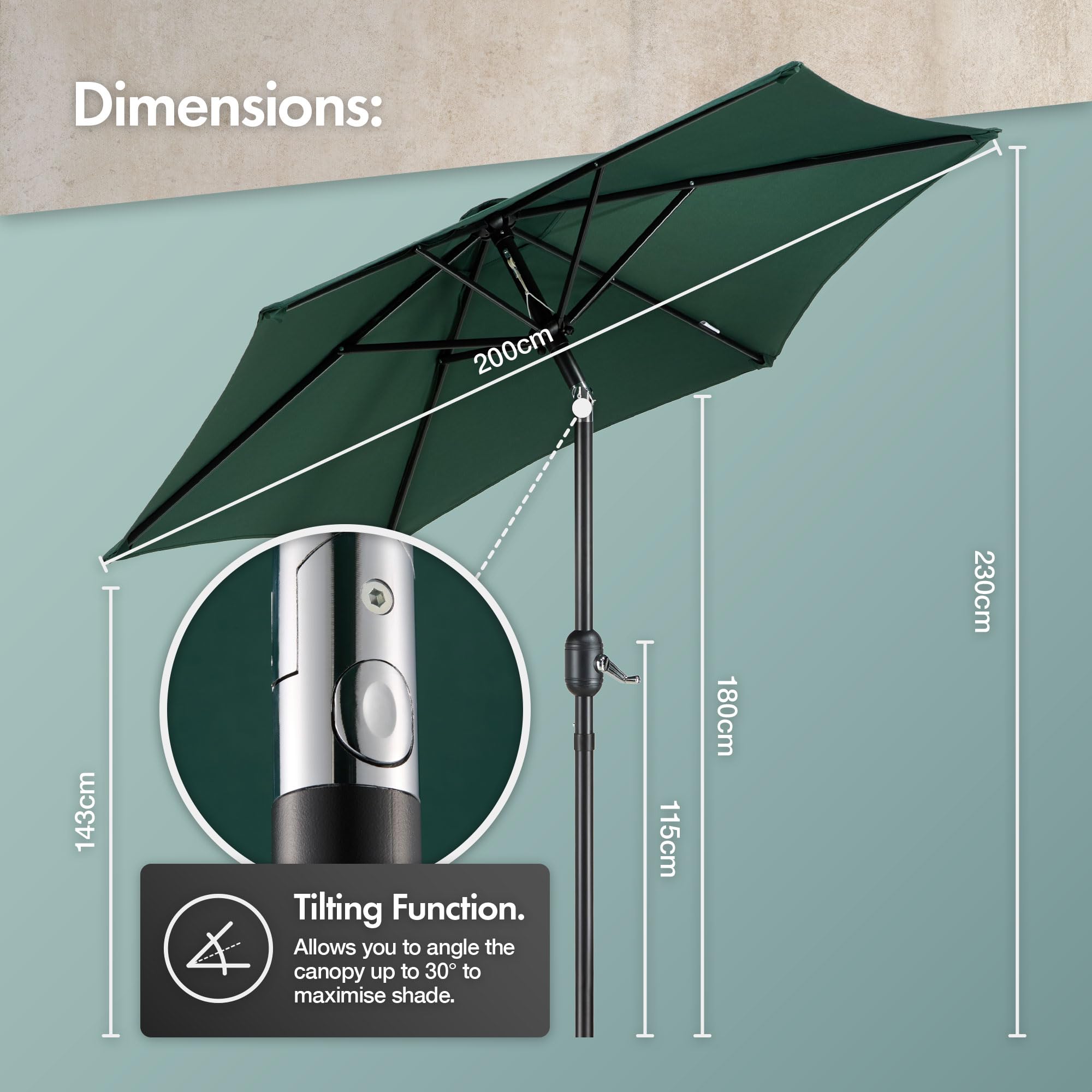 VonHaus Parasol 2M – Parasol Umbrella for Outdoor, Garden, Patio – Sun Shade Canopy with Hand Crank, Tilt Function, UV30+ Protection, Air Vent, Powder Coated Steel Frame - Dark Green — view 7