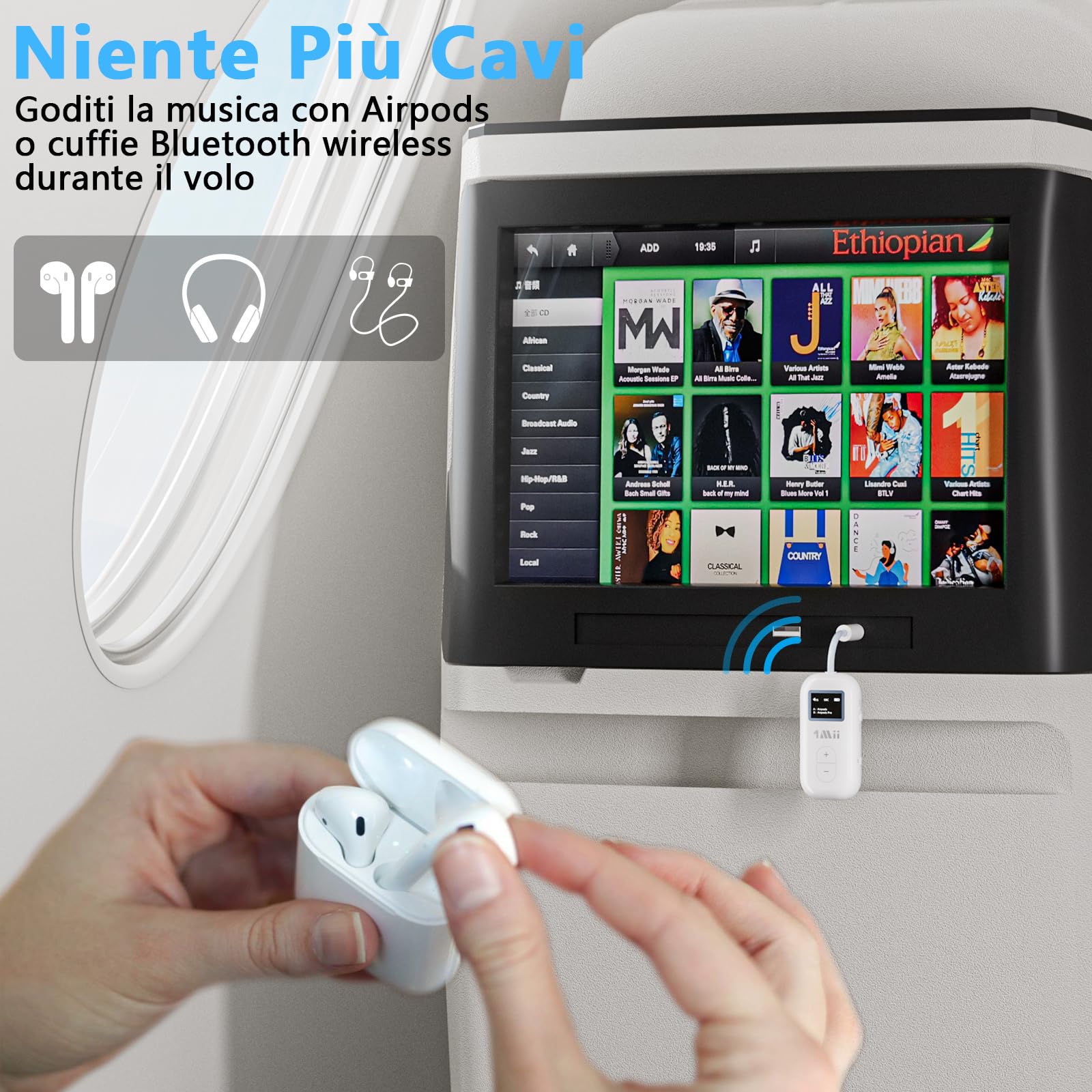1Mii SafeFly Dual Trasmettitore Bluetooth 5.3 con display OLED per un massimo di 2 cuffie wireless, con aptX HD/AD/LL, utilizzo con jack audio da 3,5 mm su aerei/palestra/TV/iPad/tablet