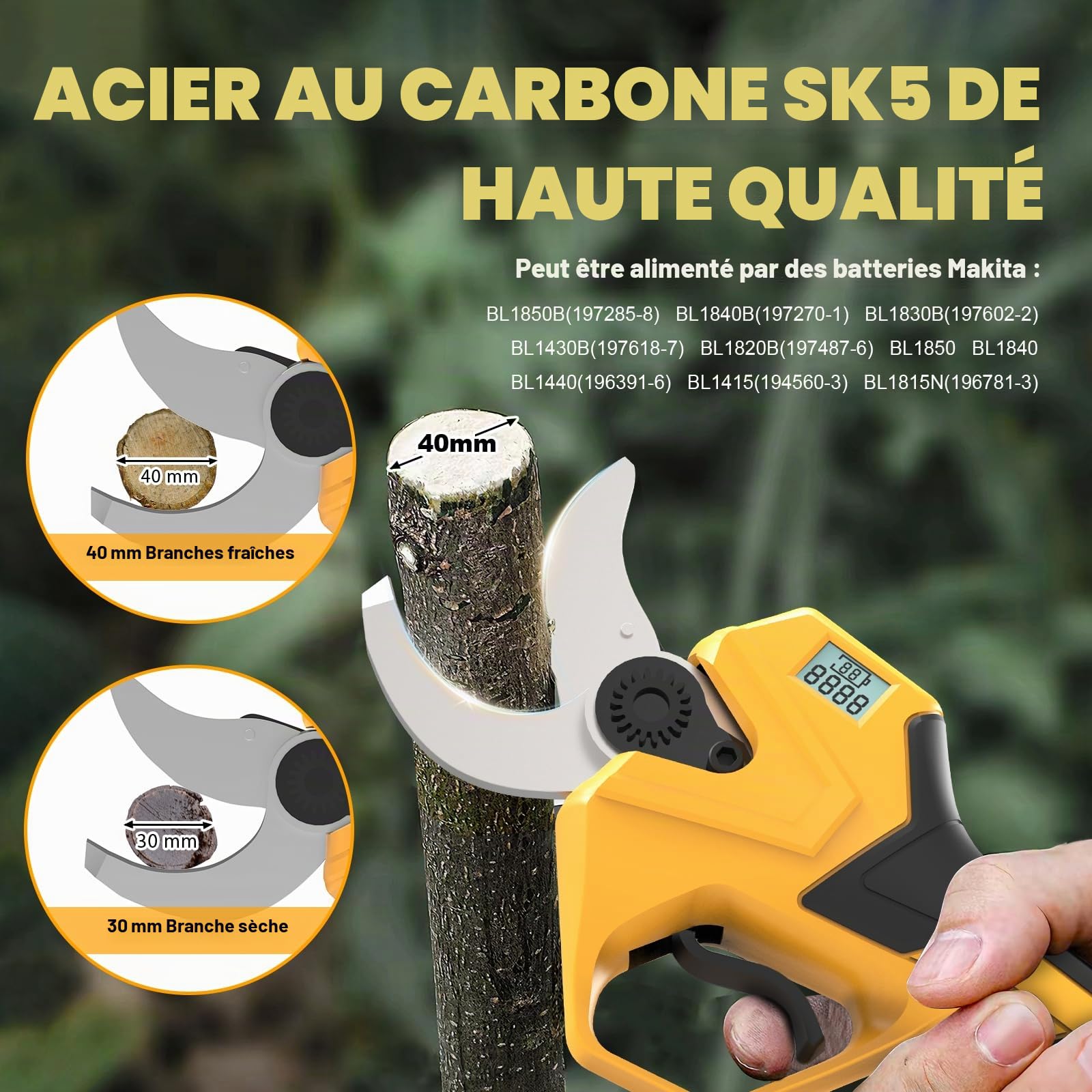 Secateur Electrique Professionnel, Gisam 60MM Secateur Electrique Sans Fil Elagueuse Electrique avec Batteries Rechargeables & LED Écran, Soutient le Réglage de L'ouverture (1-Avec 2 x 2Ah Batterie)