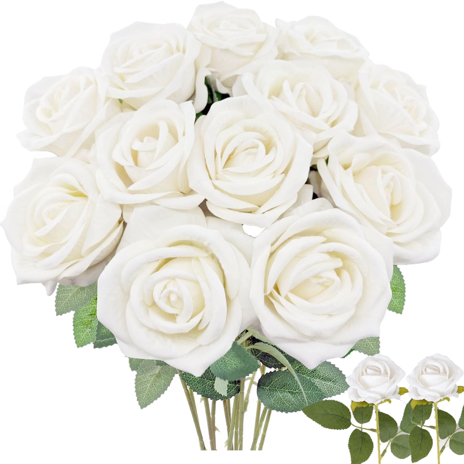 SZJH 14pcs Artificial Roses Velvet Silk Roses for Wedding Centerpieces Bridal Bouquet Mother's Day Valentine's Day Party Home Table Decor (White)