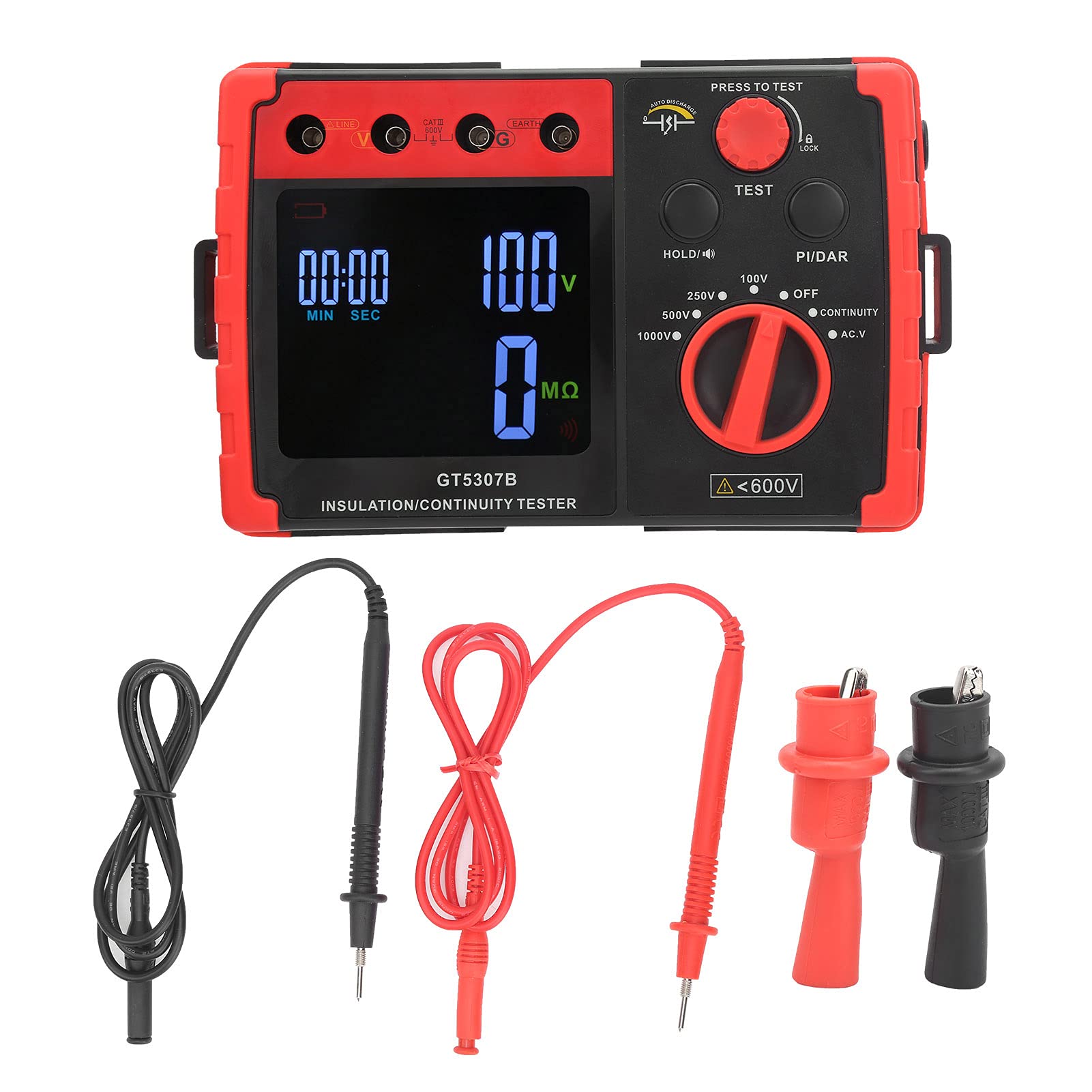 FTVOGUE Probador de Resistencia de Aislamiento, Medidor de Resistencia de Megóhmetro Digital ABS 100 V 250 V 500 1000 LCD 0 a 5,5 GΩ Prueba de Voltaje CA CC para Electricistas Uso en Interiores