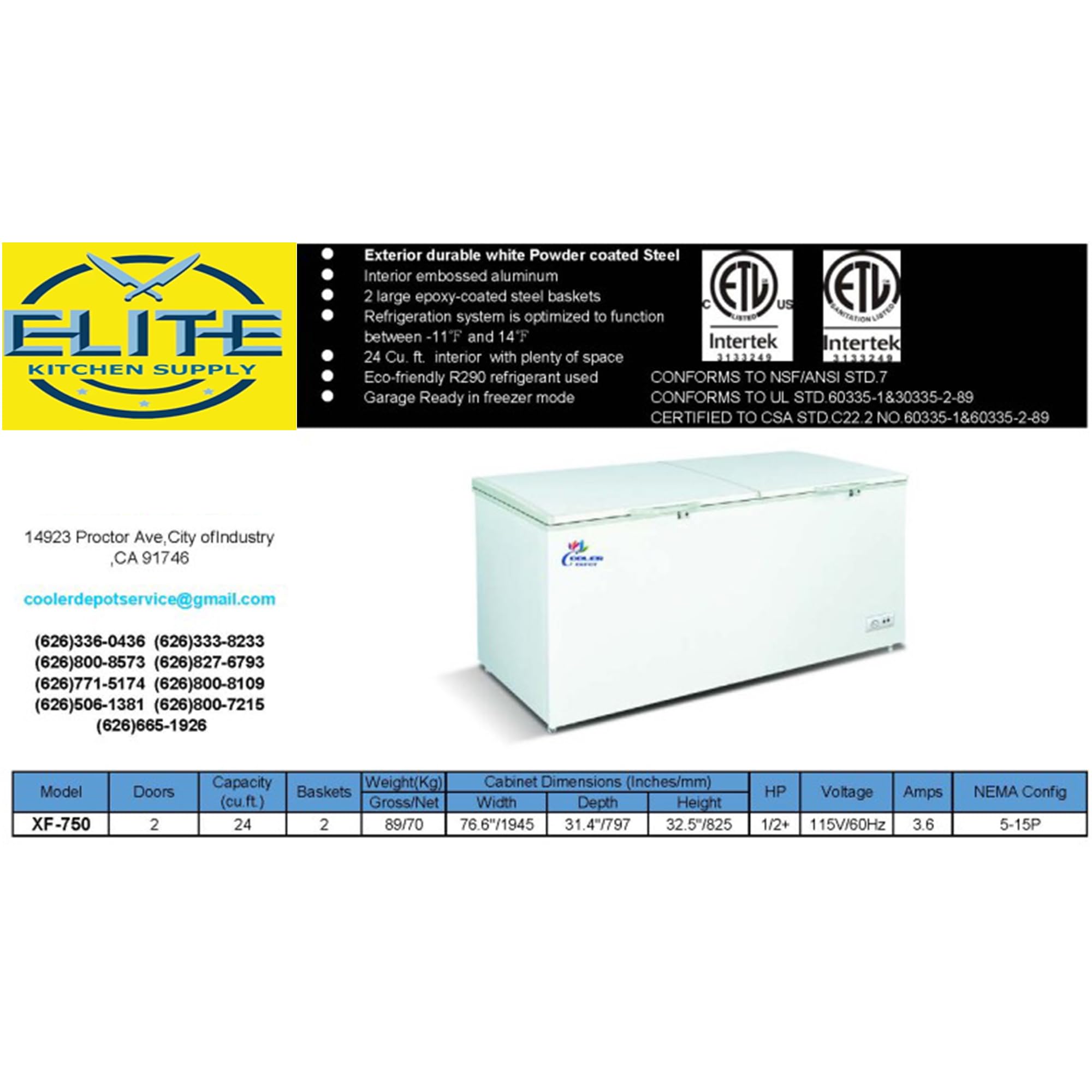 Commercial Chest Freezer, Etl All-Purpose Compact Deep Freezer Double Door, 77" W 24 Cu. Ft., Solid Door W/Storage Baskets, Ice Cream, White on Fridge.com - View 5