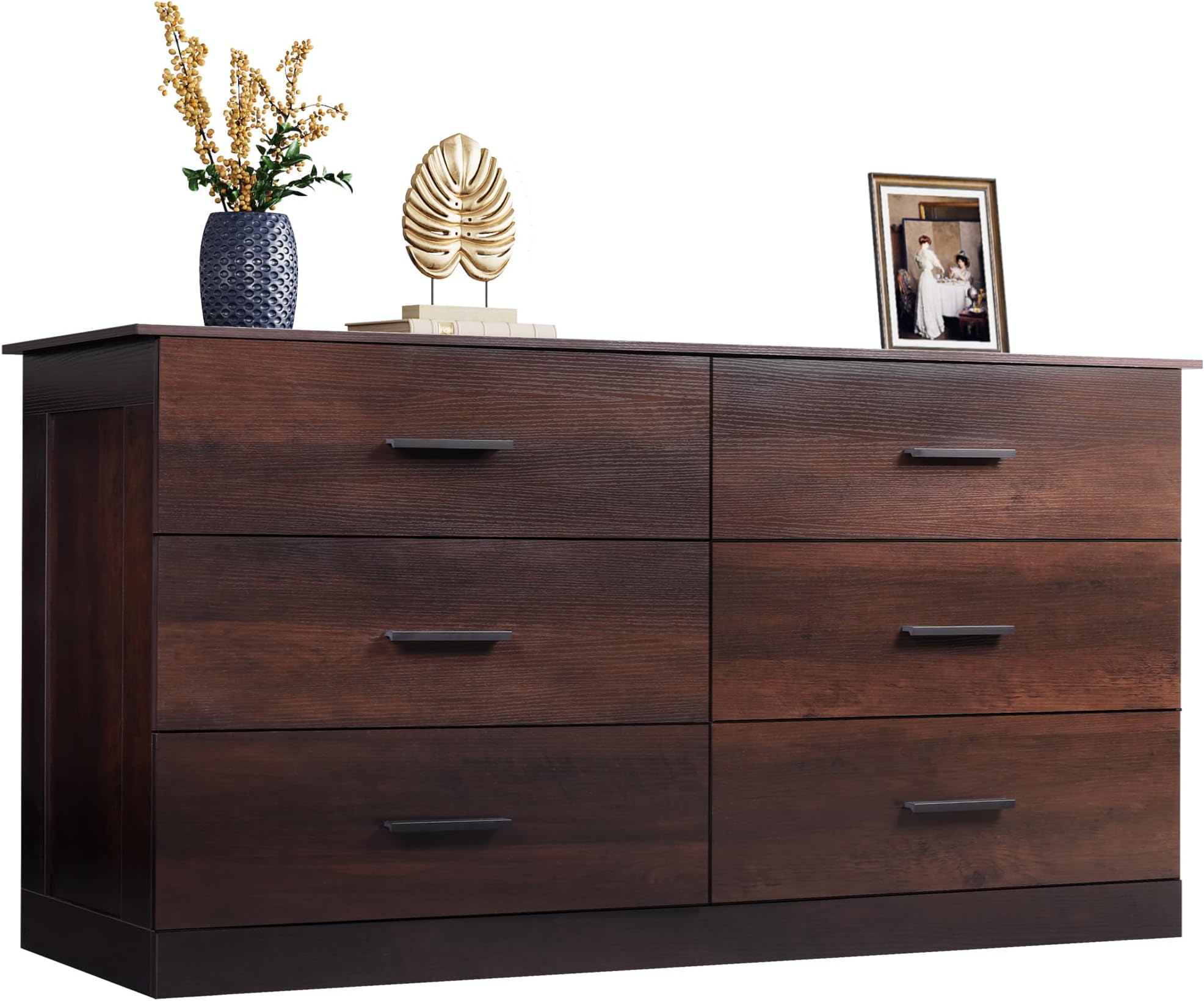 WLIVE Wooden Dresser for Bedroom, Wide Chest of Drawers with 6 Drawers, Large Brown Storage Tower Unit, Modern Minimalist Closet Store Organizer for Living Room, Hallway