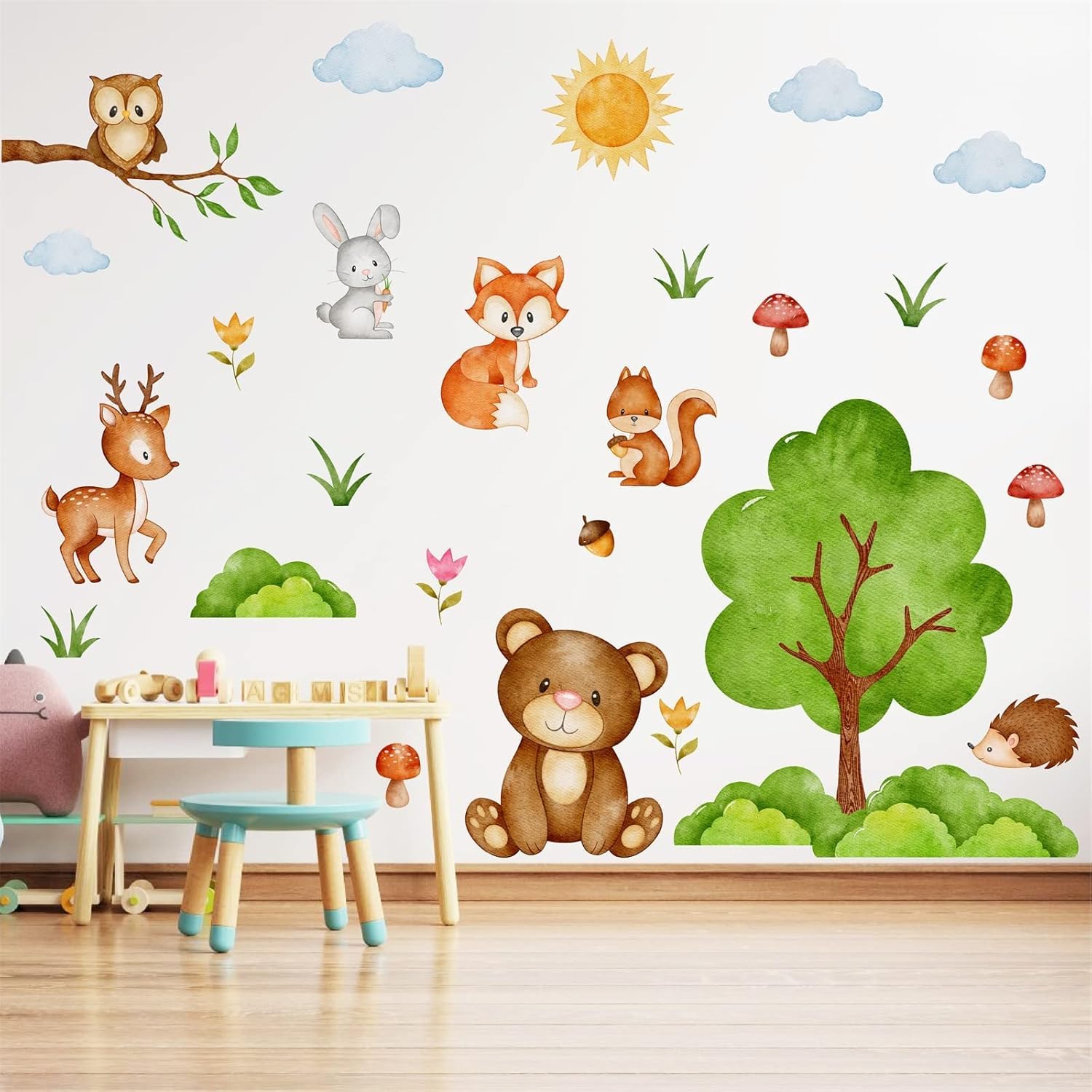Watercolor Tree Animals Wall Decal,Cartoon Animals Wall Sticker, Woodland Animal,Fox Giraffe Bear Forest Animal Wall Decal for Kids Room Bedroom Classroom Playroom Nursery Decor 150 cm x 150 cm