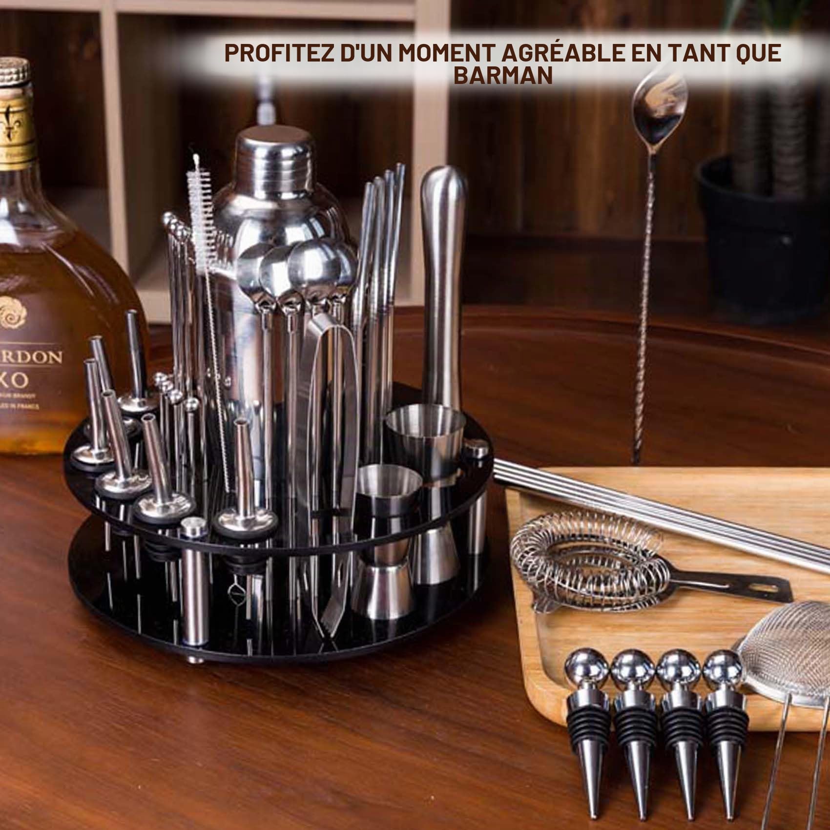 Set de Cocktail CKductpro,41 pièces en Acier Inoxydable,Support Rotatif à 360° en Acrylique,Kit de Barman Bar Gift Set