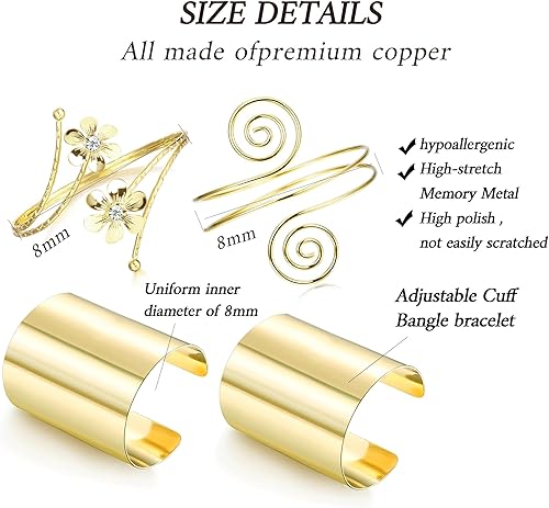 Vista 6 de FINREZIO Juego de 4 brazaletes chapados en oro para la parte superior del brazo, brazalete ajustable