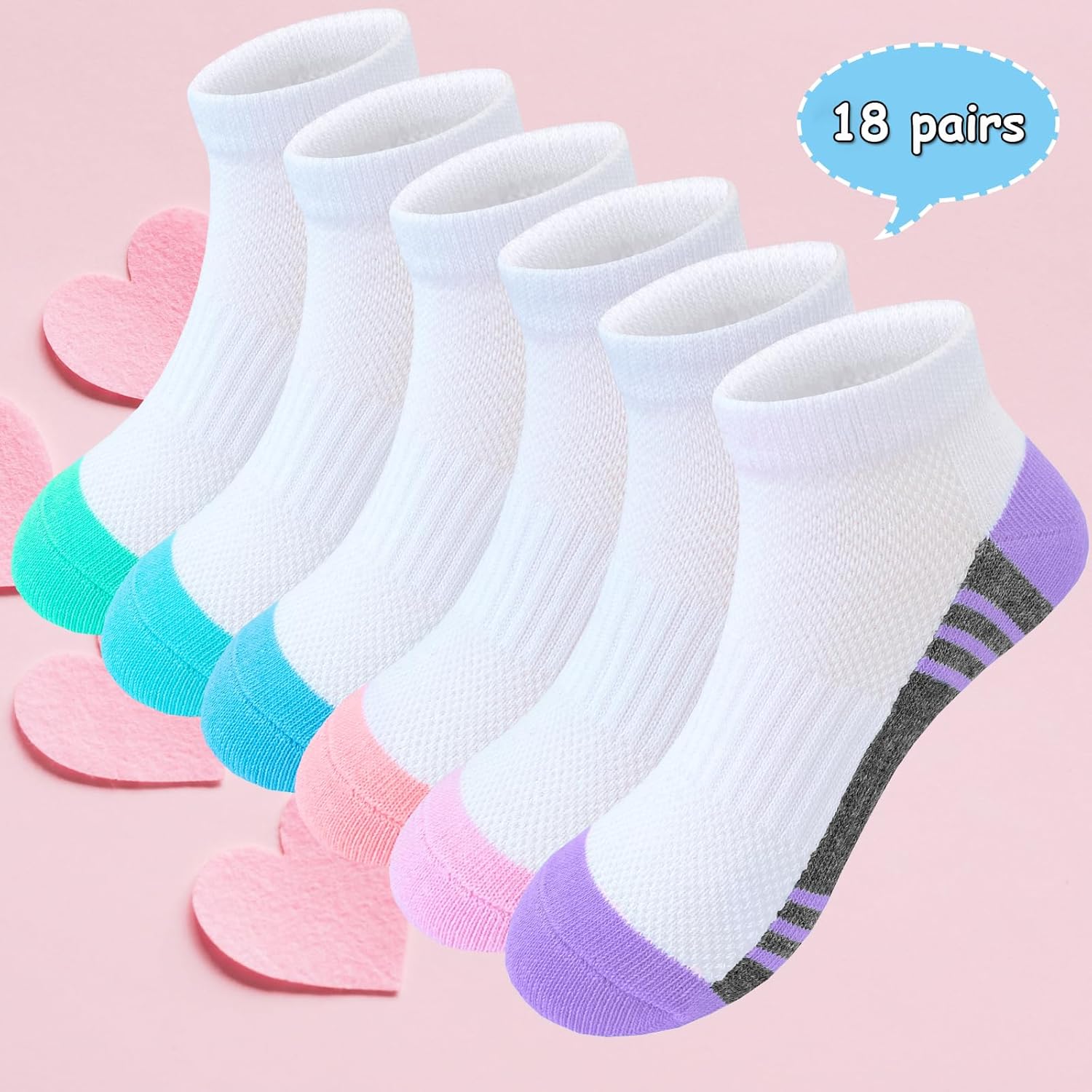 Bemeol Girls Socks 18 Pairs Ankle Socks for Girl Cotton Sports Athletic Low Cut Running Sock for Kids - Image 4