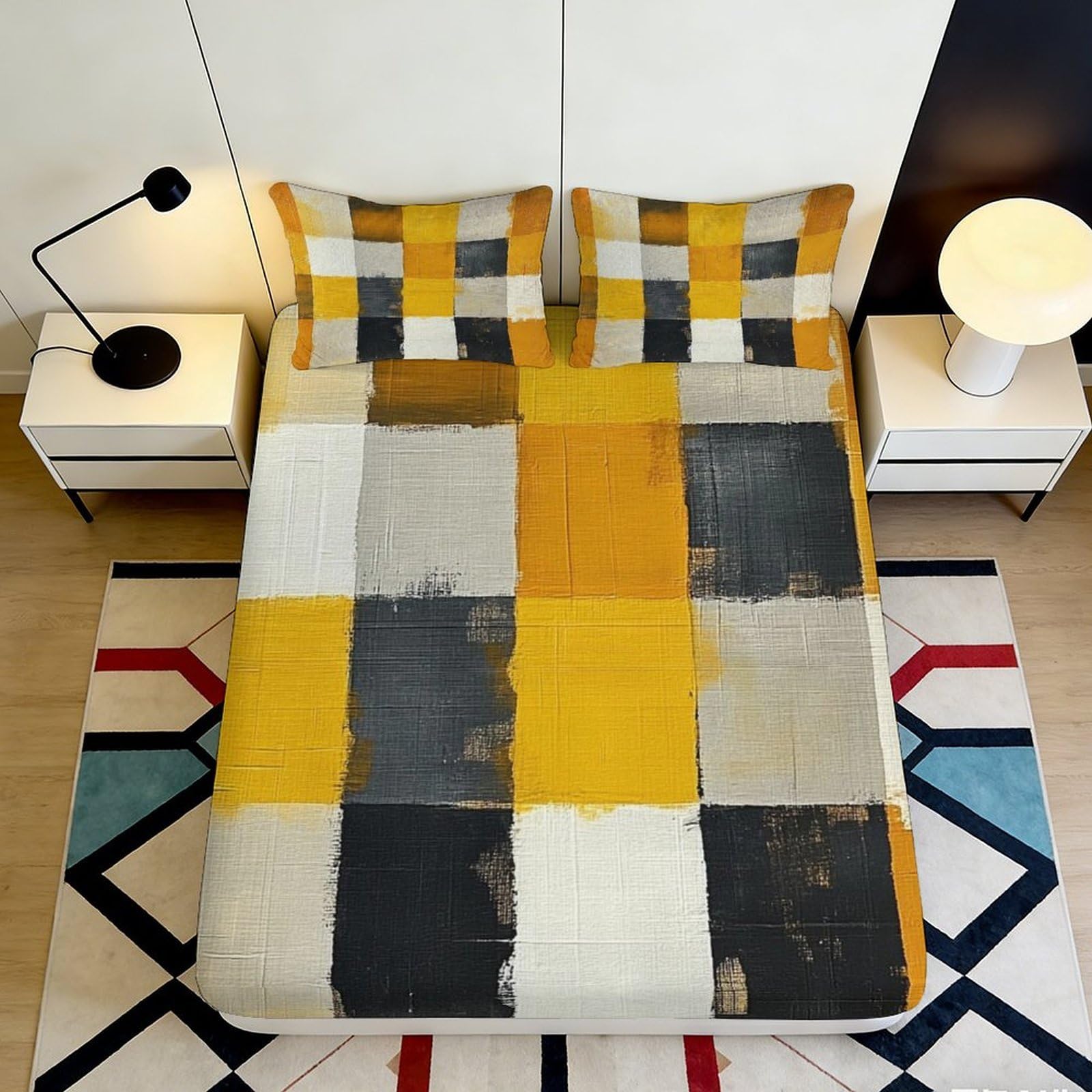 3D Printed Geometric Patchwork Fitted Sheet Microfiber Yellow Grey Mattress Cover Bedroom Dorm Decor 90x200x25cm