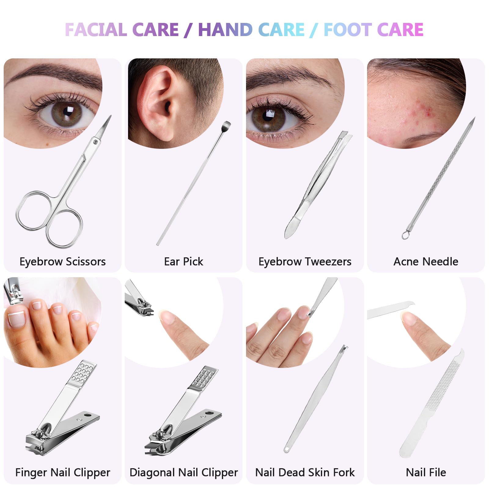 Lasnten Juego de 24 cortaúñas a granel, kit de manicura profesional de acero inoxidable, herramientas de pedicura con estuche de viaje, regalos para hombres y mujeres (láser, 8 en 1)