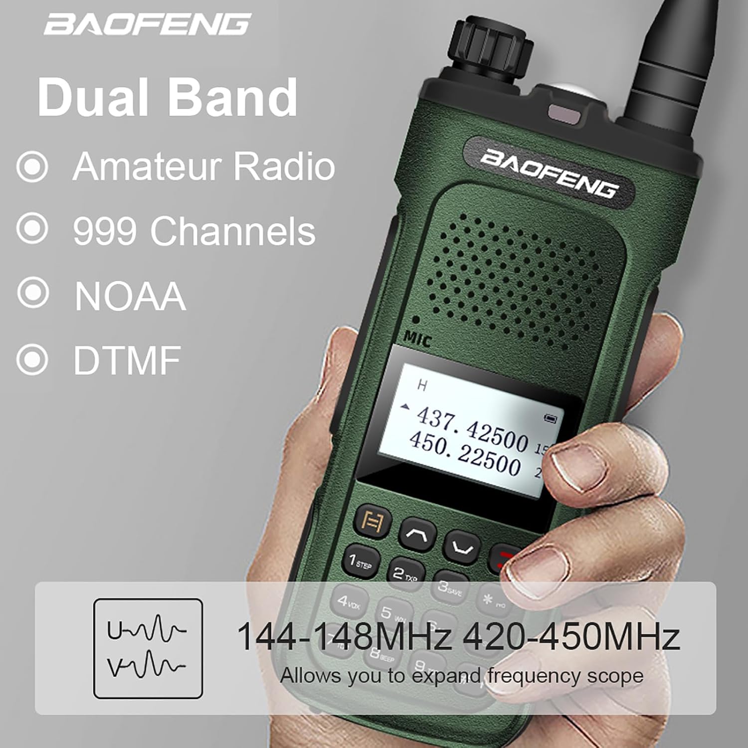 BAOFENG UV-10R radio displaying dual band frequencies, 999 channels, NOAA, and DTMF features.