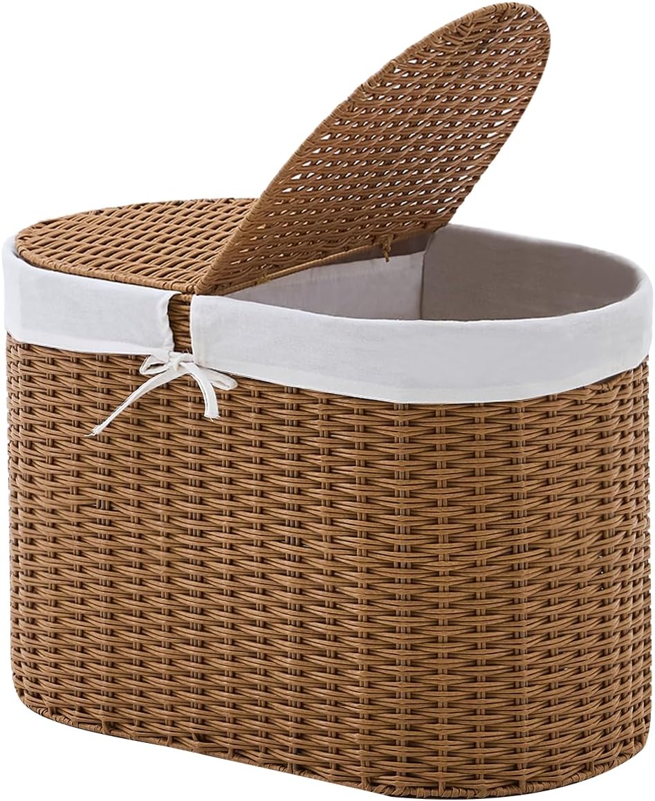 Laundry Hamper with Lid, Handwoven Water Hyacinth Clothes Hamper with Removable Liner Bags, 2 Section Wicker Laundry Basket for Bedroom, Laundry Room and Bathroom(Natural,70L)