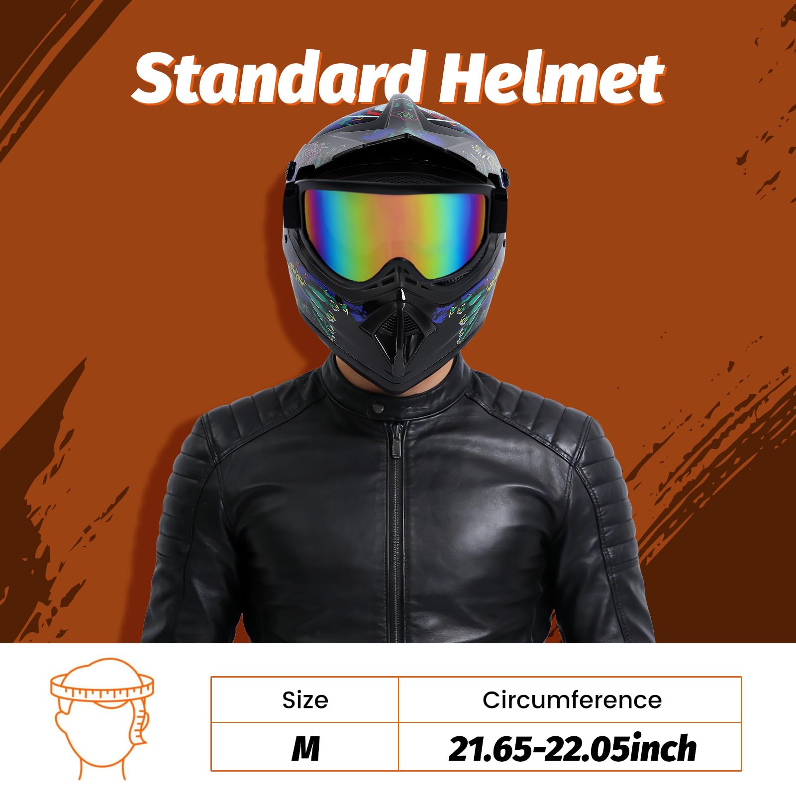 Set casco da motocross con occhiali e guanti | Casco da moto per circonferenza della testa 55-56 cm, colorato, grafica fuoristrada, guscio in ABS, occhiali protettivi a