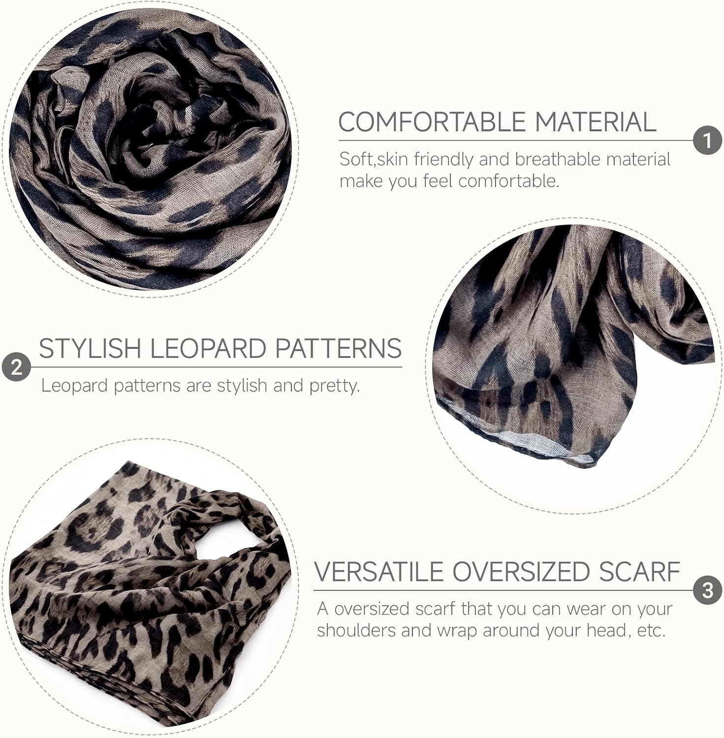 Leopard Print Shawl for Women Cheetah Hijab Scarf Brown Long Lightweight Scarves Wrap - Image 4