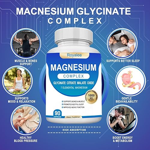 Miniatura 4 de Suplemento complejo de magnesio – 1000 mg con 7 formas de magnesio incluyendo glicinato, citrato, malato, taurato y orrotato – Apoya la relajación,