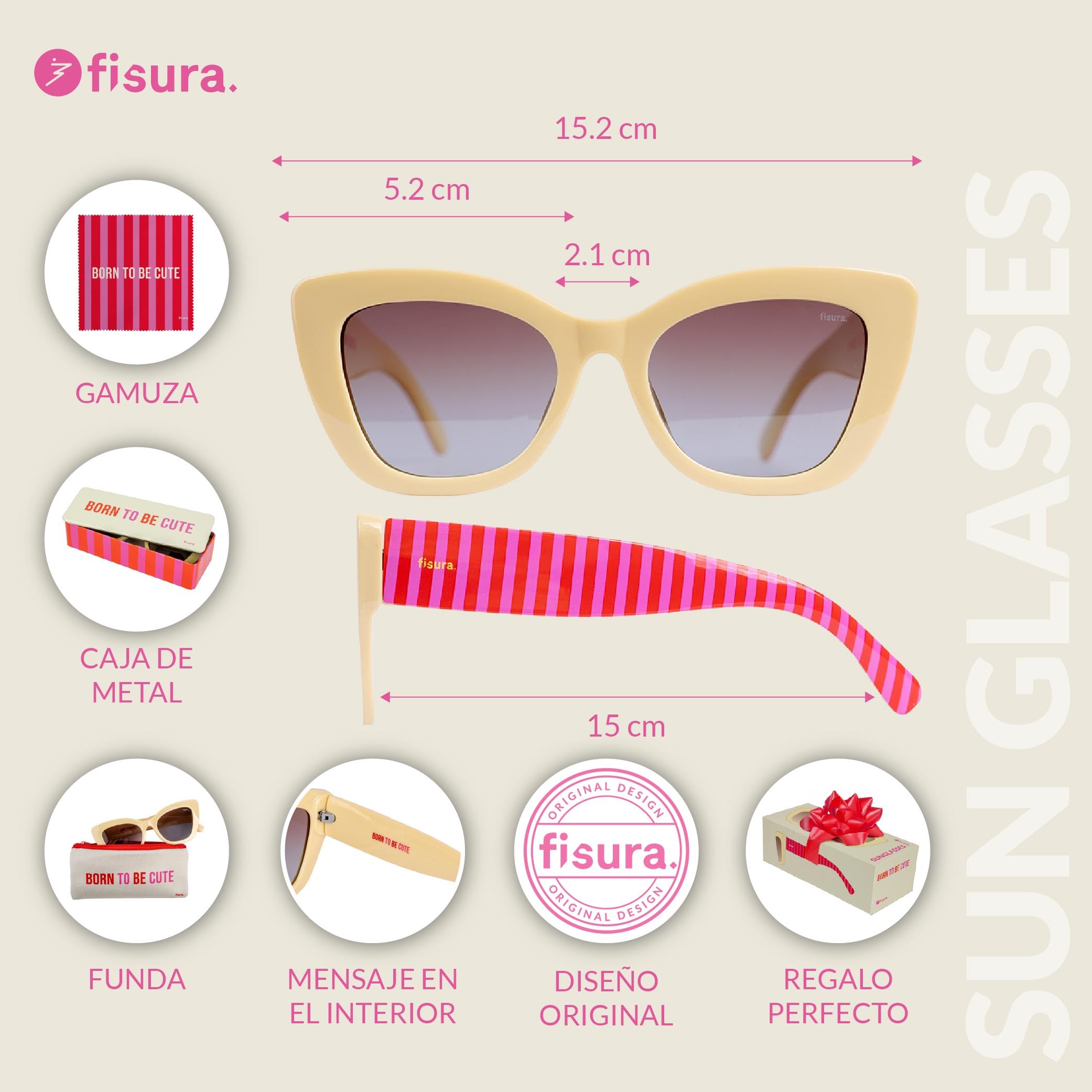 Fisura – Gafas de sol mujer originales “born to be cute”. Gafas de sol polarizadas para mujer. Incluye gamuza, estuche y caja metálica.