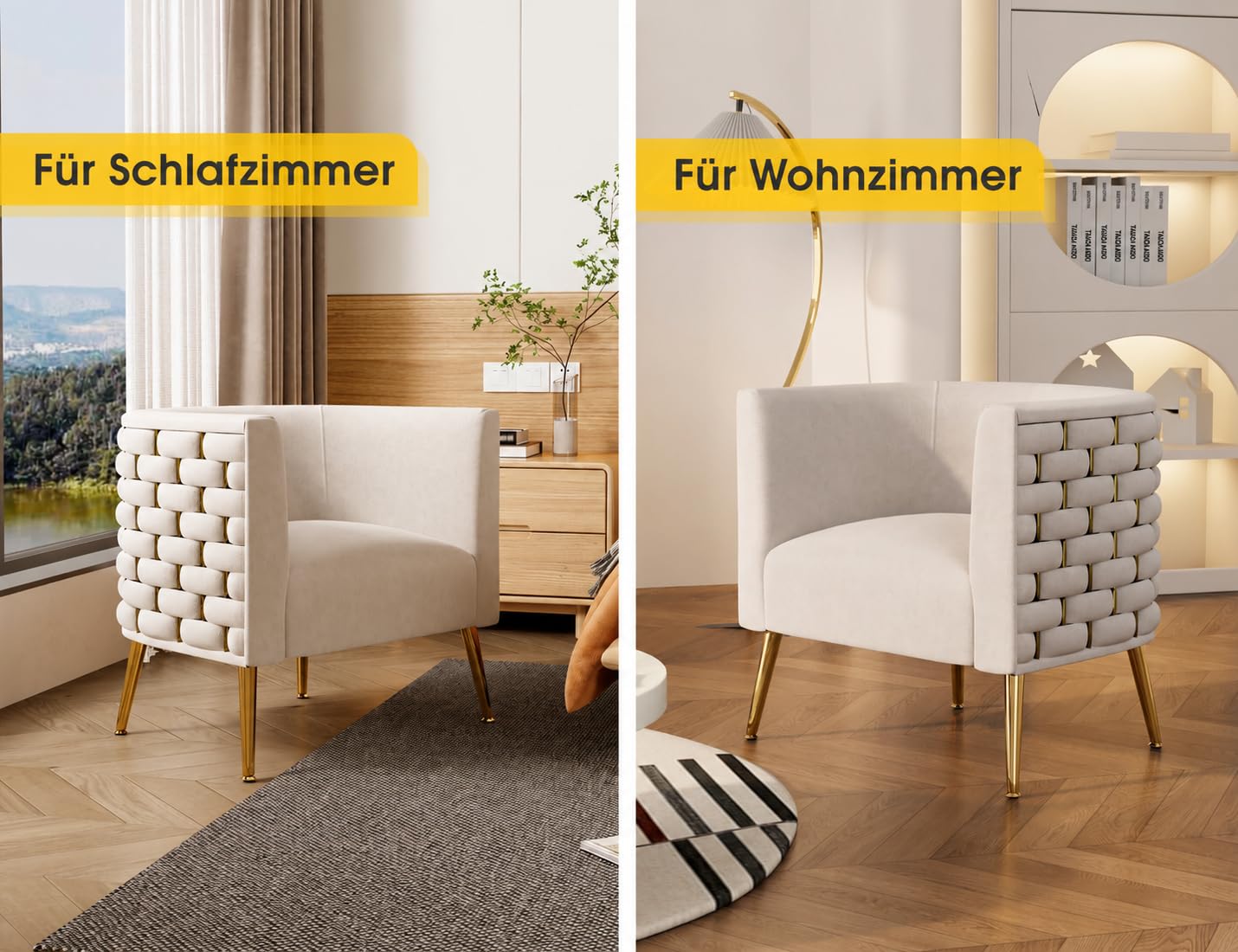 Moderner Samt-Akzentstuhl, bequemer breiter handgewebter Schalensessel mit Armlehnen, flauschig gesteppt gepolsterter Einzelsessel für Wohnzimmer, Schlafzimmer, Büro, Wartezimmer