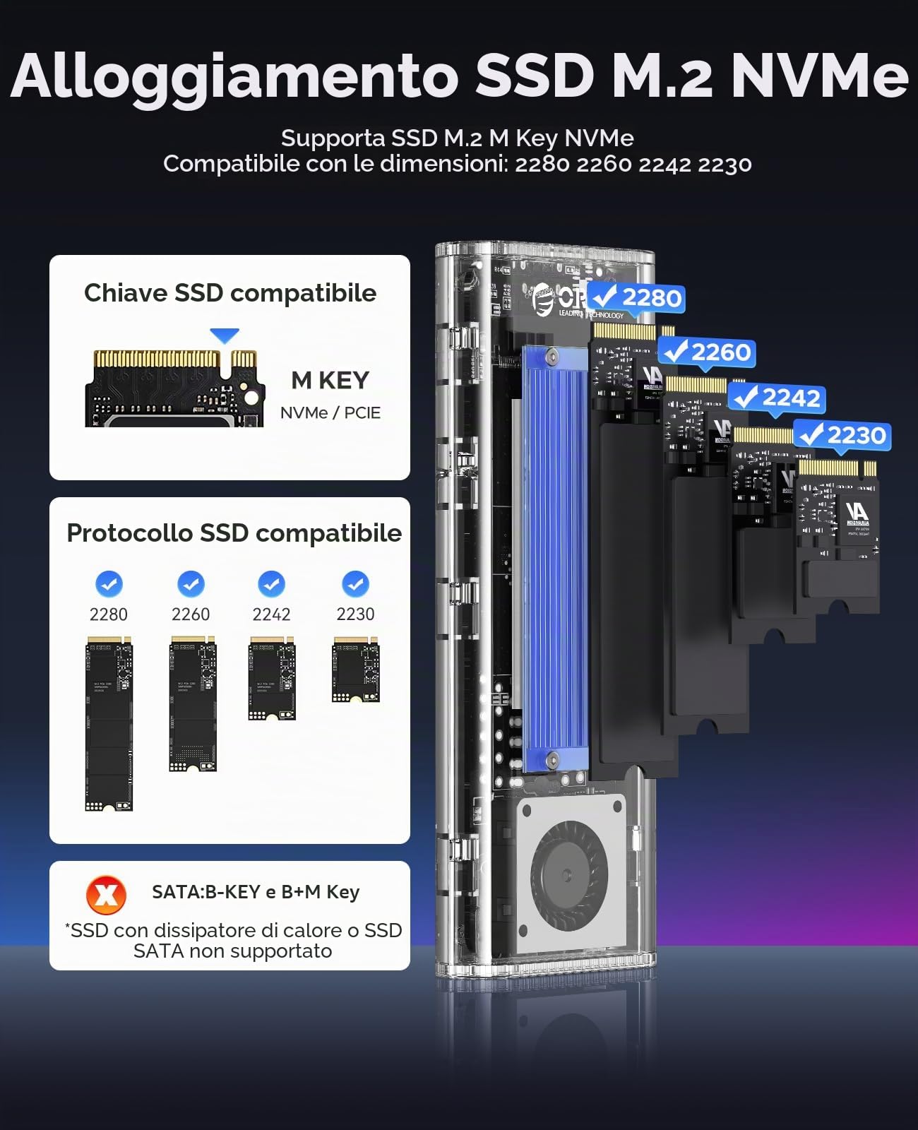ORICO Case SSD M.2 NVMe 40Gbps, Adattatore SSD M2 NVMe USB 4 Con Ventilatore Incorporato, Esterno Enclosure per M-Key SSD 2230/2242/2260/2280, Compatibile Thunderbolt 4/3 USB 3.2/3.1/3.0, TCM2-U4-BL