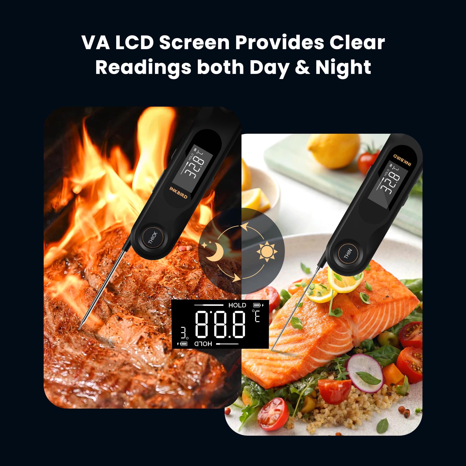 INKBIRD IHT-42K Termómetro digital para carne, termómetro de dos sondas, termómetro para barbacoa, sensor K, 0,5 segundos de visualización instantánea, activación por giro, termómetro de horno para