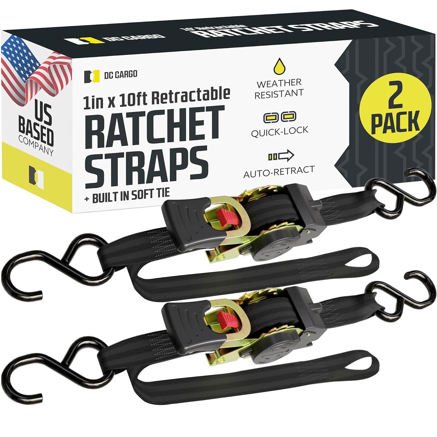 DC Cargo Mall Auto Retractable Ratchets Straps Heavy Duty (w Soft tie)- 2 Pack 1" x 10' - SELF-CONTAINED Strap Tiedowns for Motorcycles, ATVs, Bikes, Boats: Tight & Secure Pickup Trailer Tie Down