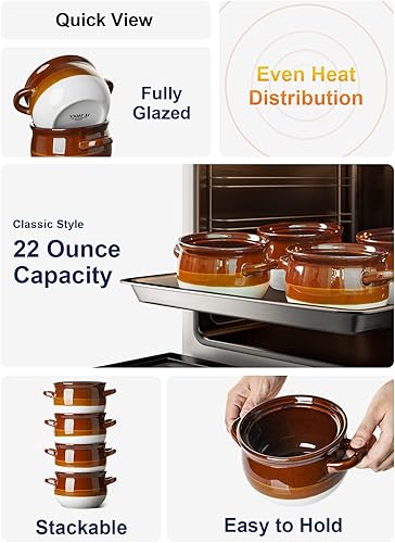 Miniatura 9 de LE TAUCI Tazones de sopa de cebolla francesa con asas, 16 onzas, de cerámica, de cebolla, platos aptos para horno, para sopa, chile, estofado de